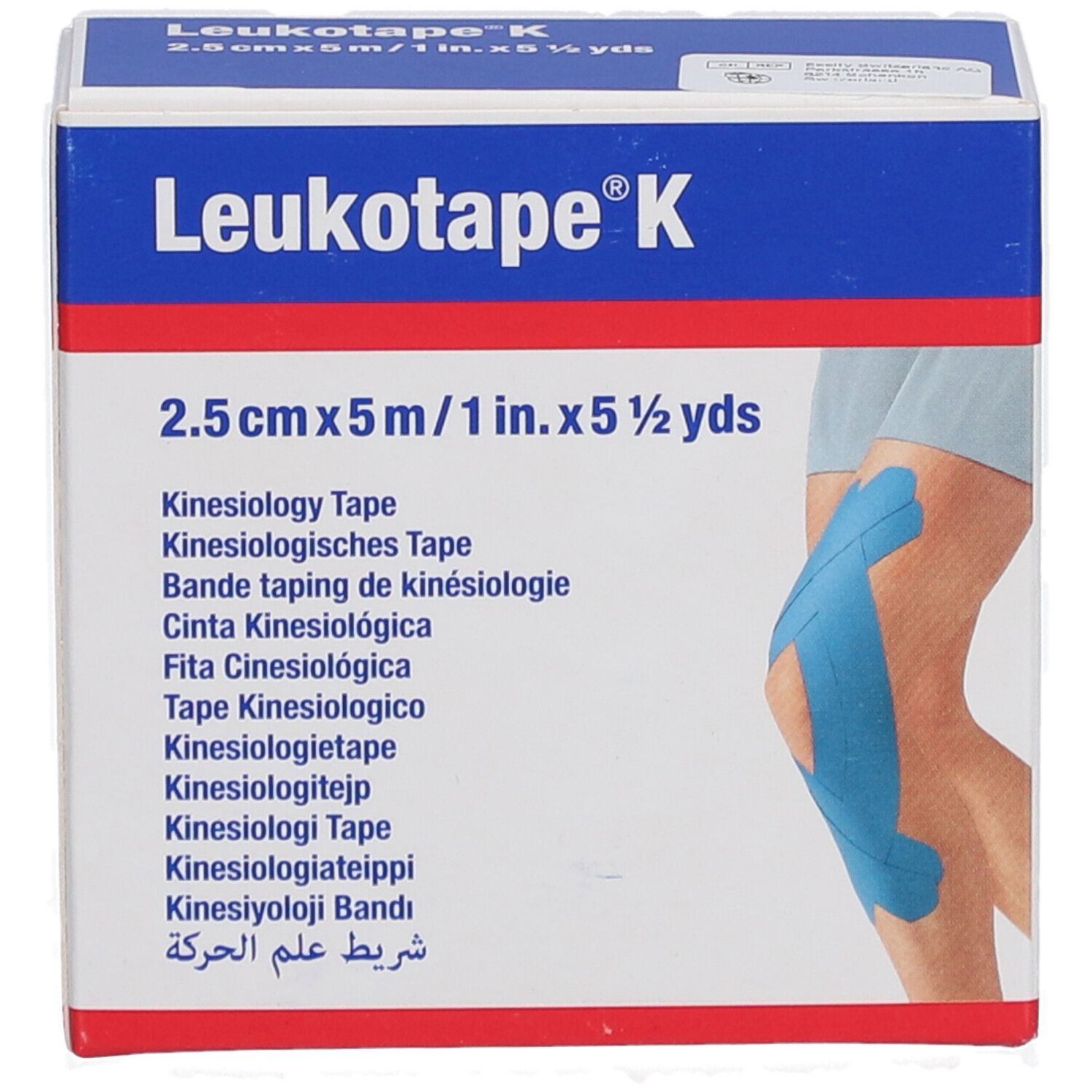 Karton mit Leukotape K. Blaues Tape auf Knie abgebildet. Aufschrift: 2,5 cm x 5 m.