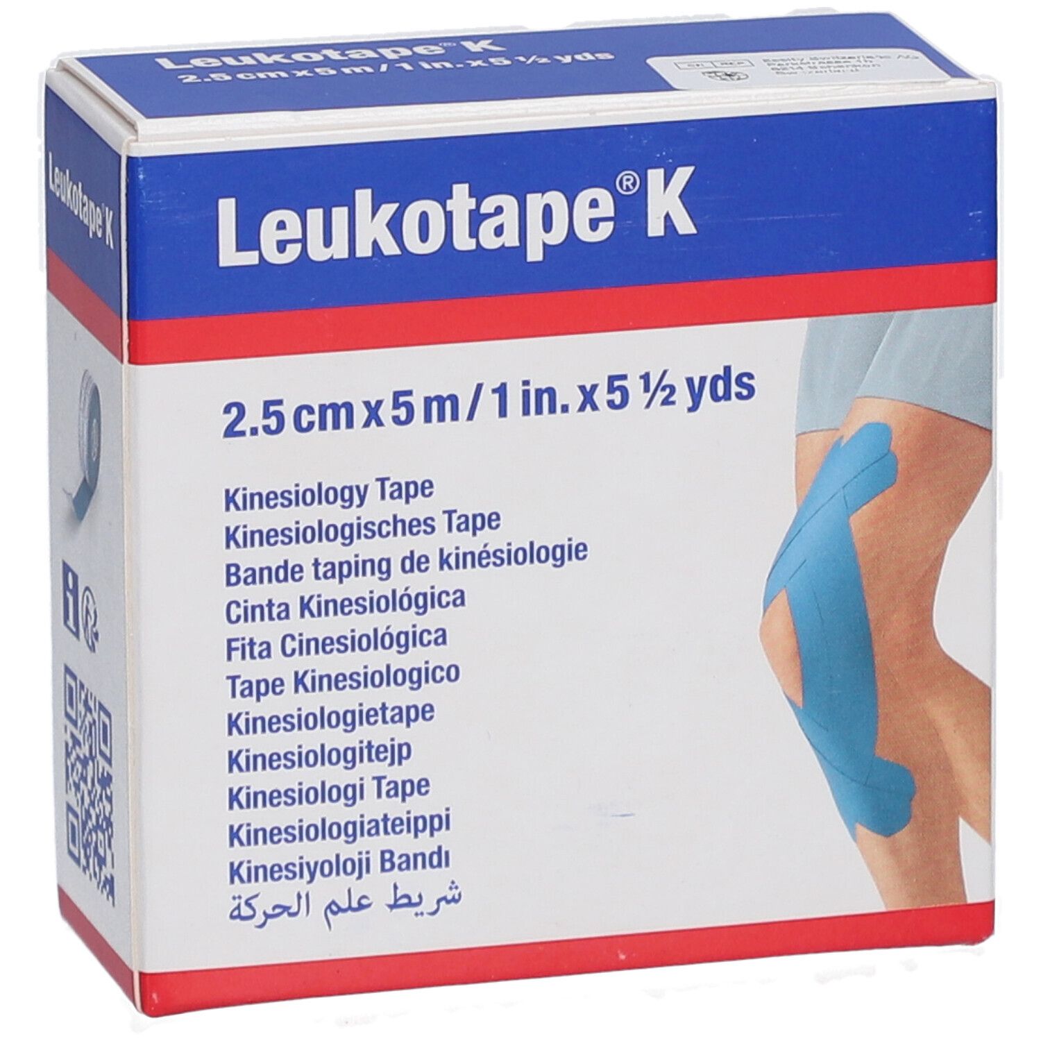Karton mit Leukotape K. Blaues Tape auf Knie abgebildet. Aufschrift: 2,5 cm x 5 m.