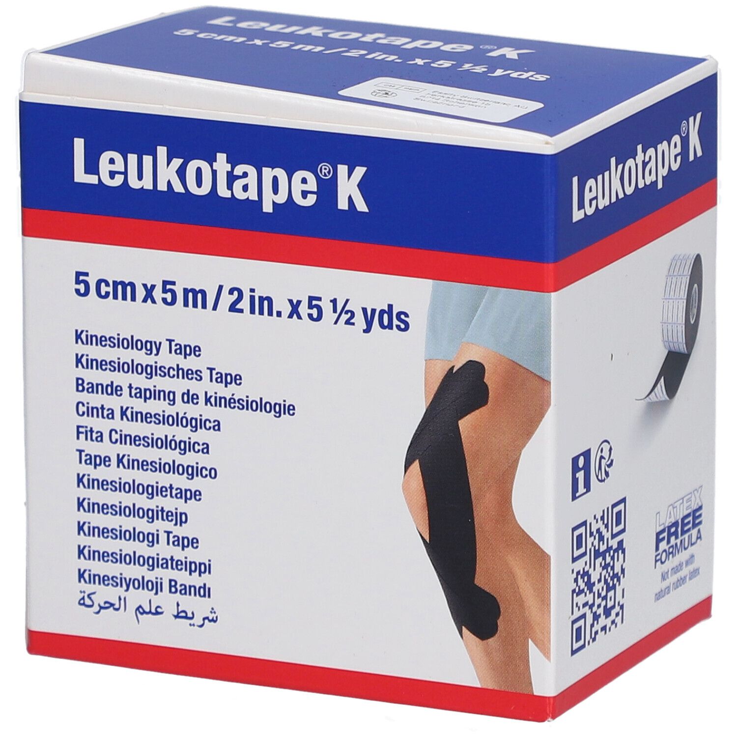 Kinesiologie-Binde in Verpackung. Schwarz, 5 cm x 5 m. Aufdruck: Leukotape K, Anwendung am Knie.