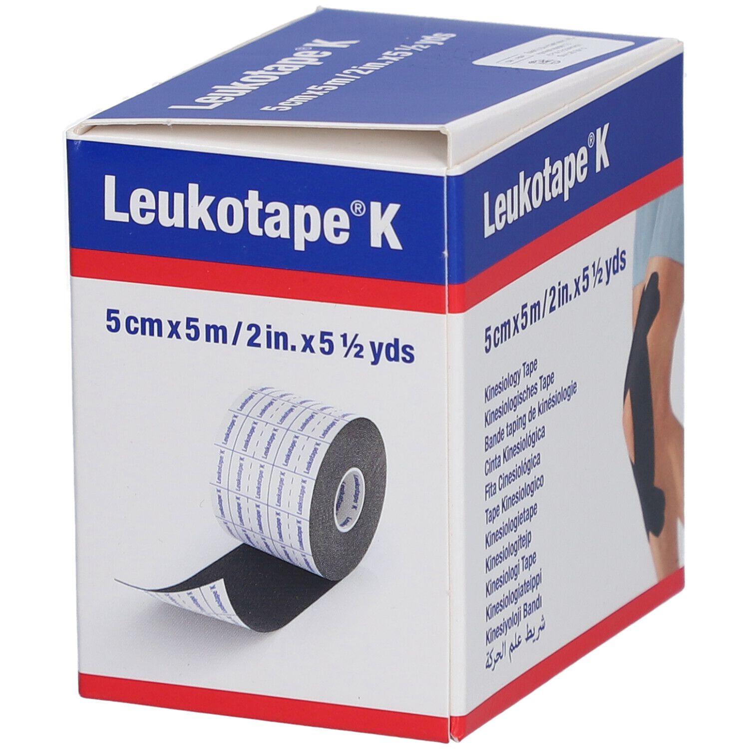 Verpackung mit Rolle Kinesiologie-Binde. Schwarz, 5 cm x 5 m. Aufdruck: Leukotape K. Rolle teilweise abgerollt.