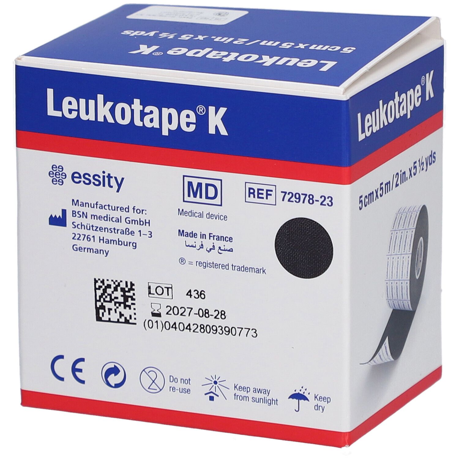 Verpackung Kinesiologie-Binde. Schwarz, 5 cm x 5 m. Aufdruck: Leukotape K, essity, MD, REF 72978-23, Latex Free.
