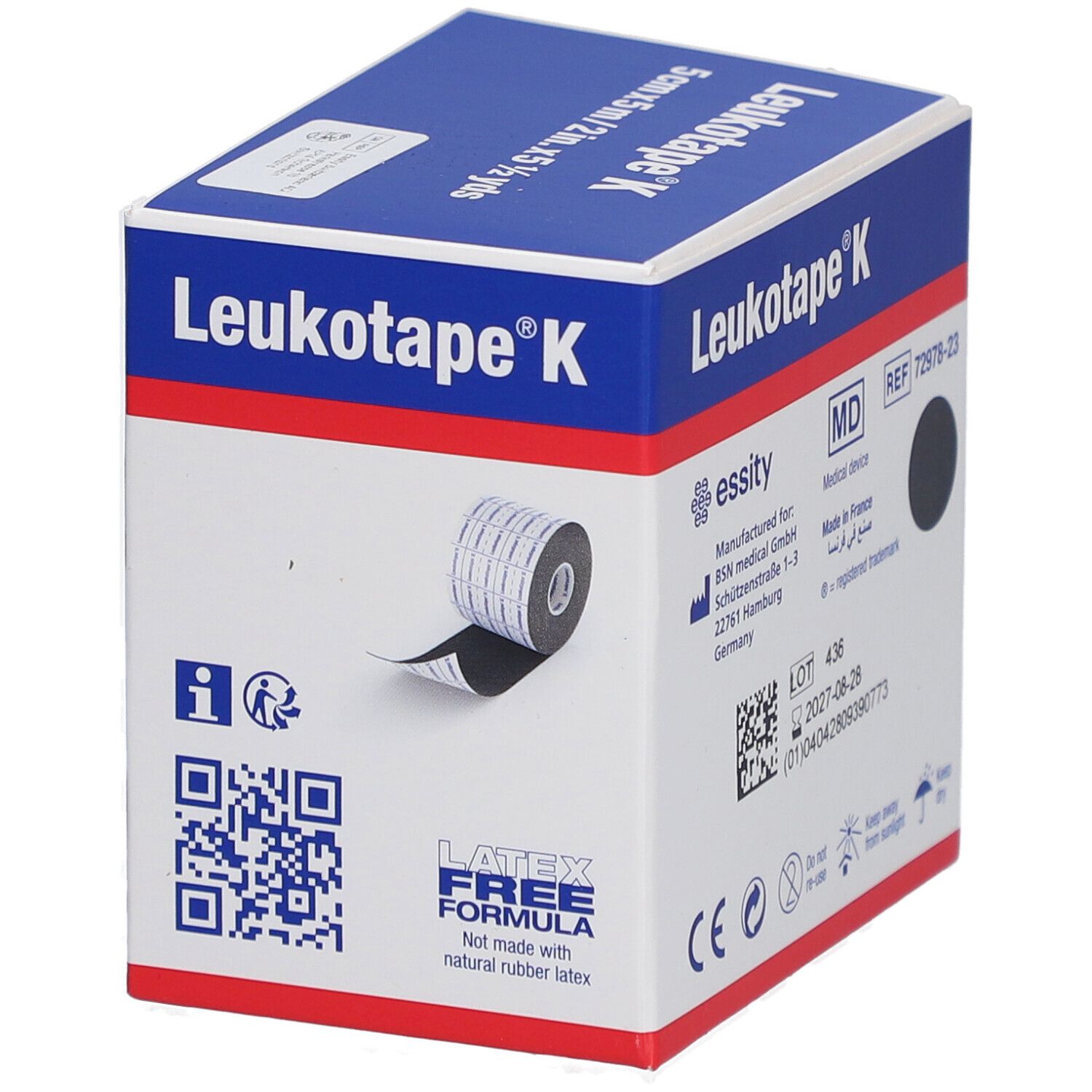 Verpackung Kinesiologie-Binde. Schwarz, 5 cm x 5 m. Aufdruck: Leukotape K, essity, Latex Free Formula.