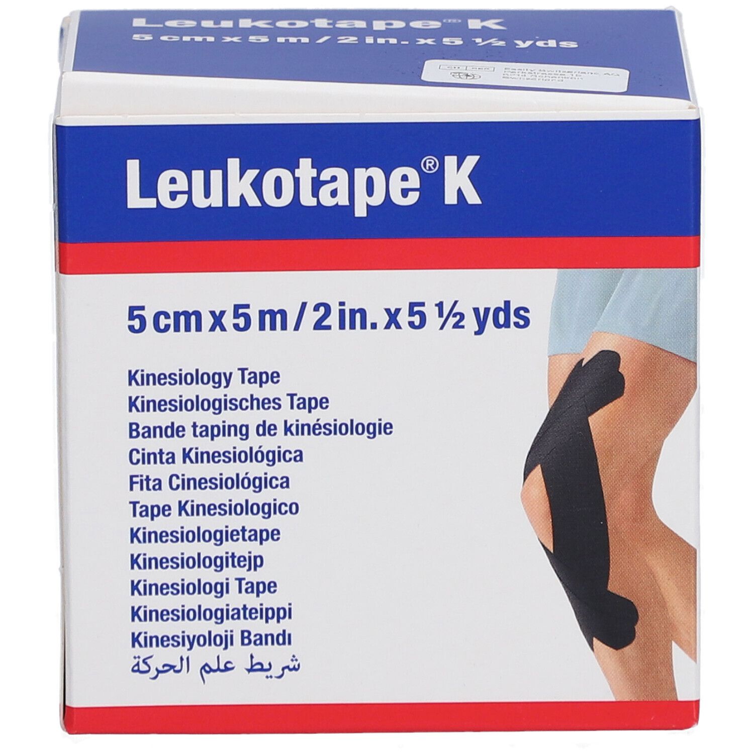 Verpackung Kinesiologie-Binde. Schwarz, 5 cm x 5 m. Aufdruck: Leukotape K. Anwendung am Knie.
