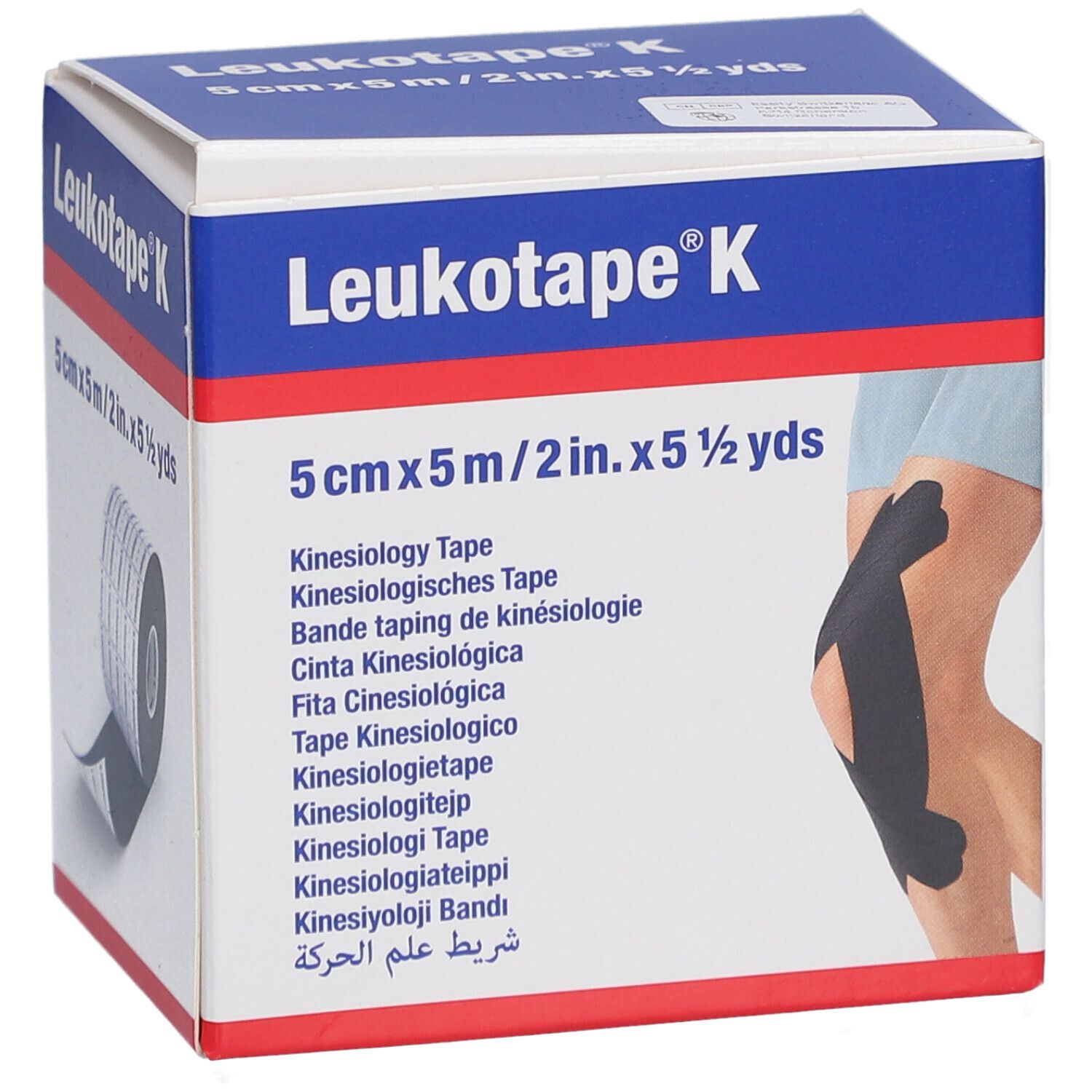 Verpackung Kinesiologie-Binde. Schwarz, 5 cm x 5 m. Aufdruck: Leukotape K. Anwendung am Knie, Rolle sichtbar.