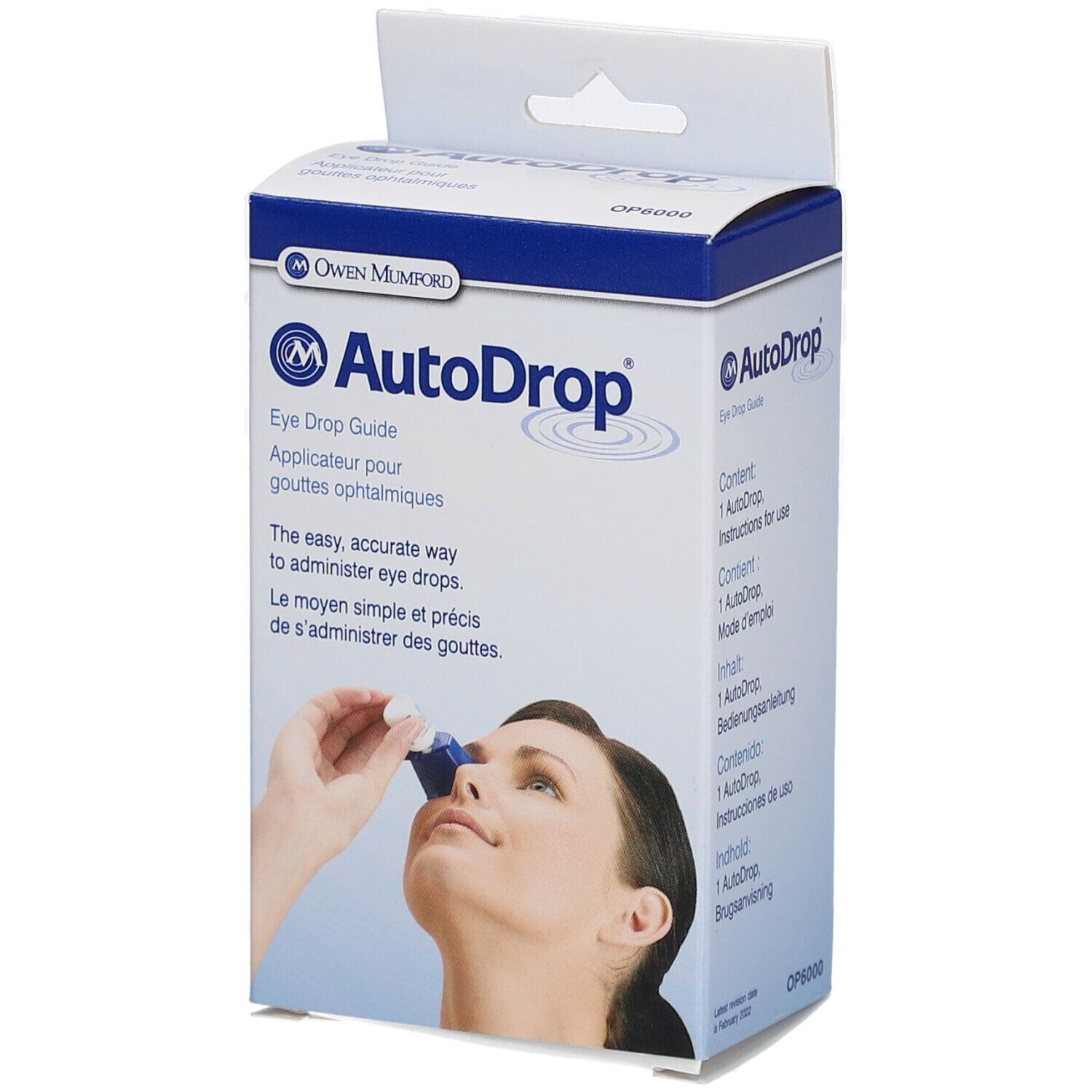 Verpackung von AutoDrop. Auf der Verpackung ist eine Frau abgebildet, die Augentropfen verabreicht.