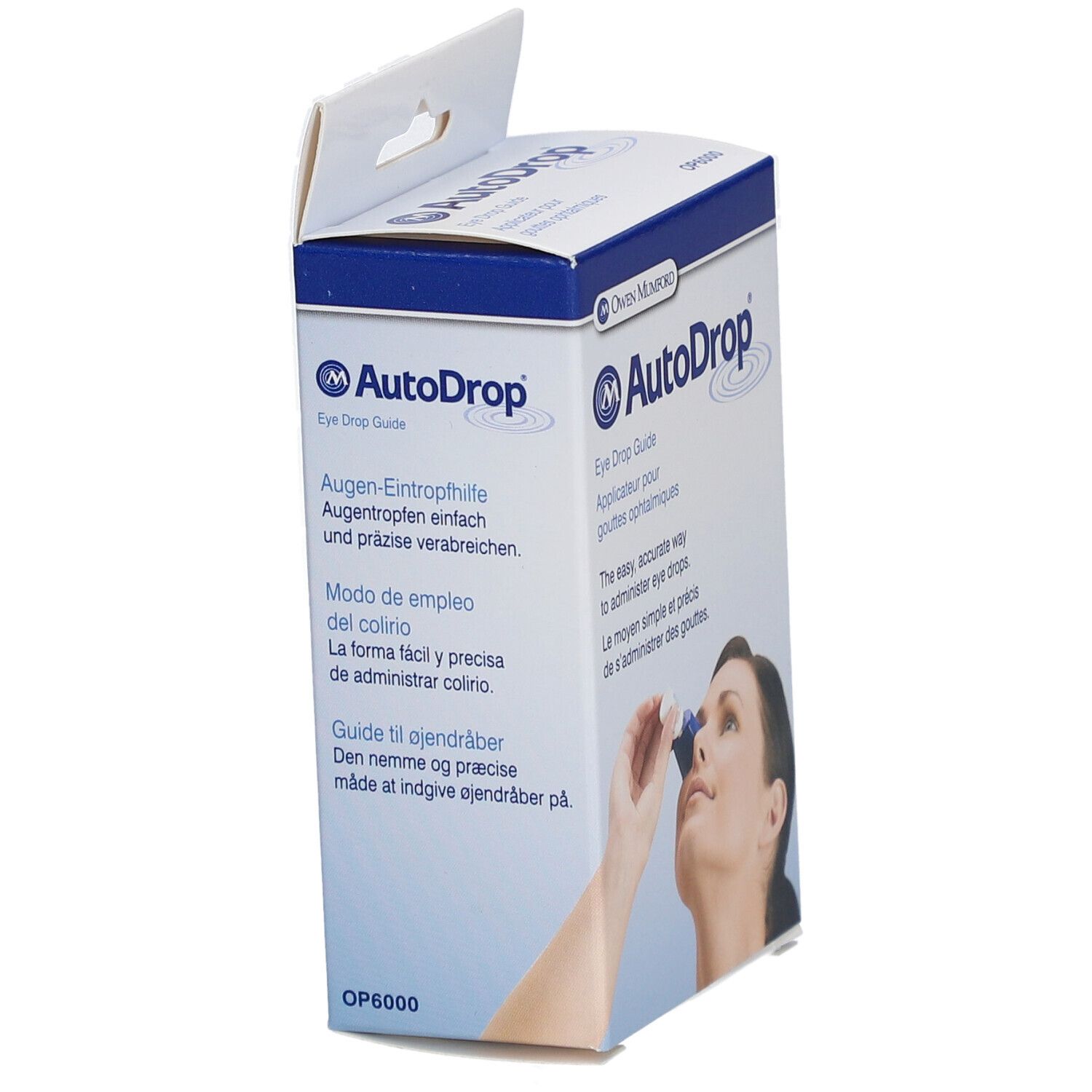 AutoDrop-Verpackung, Seitenansicht. Text: Augen-Eintropfhilfe, Modo de empleo del colirio, Guide til øjendråber.