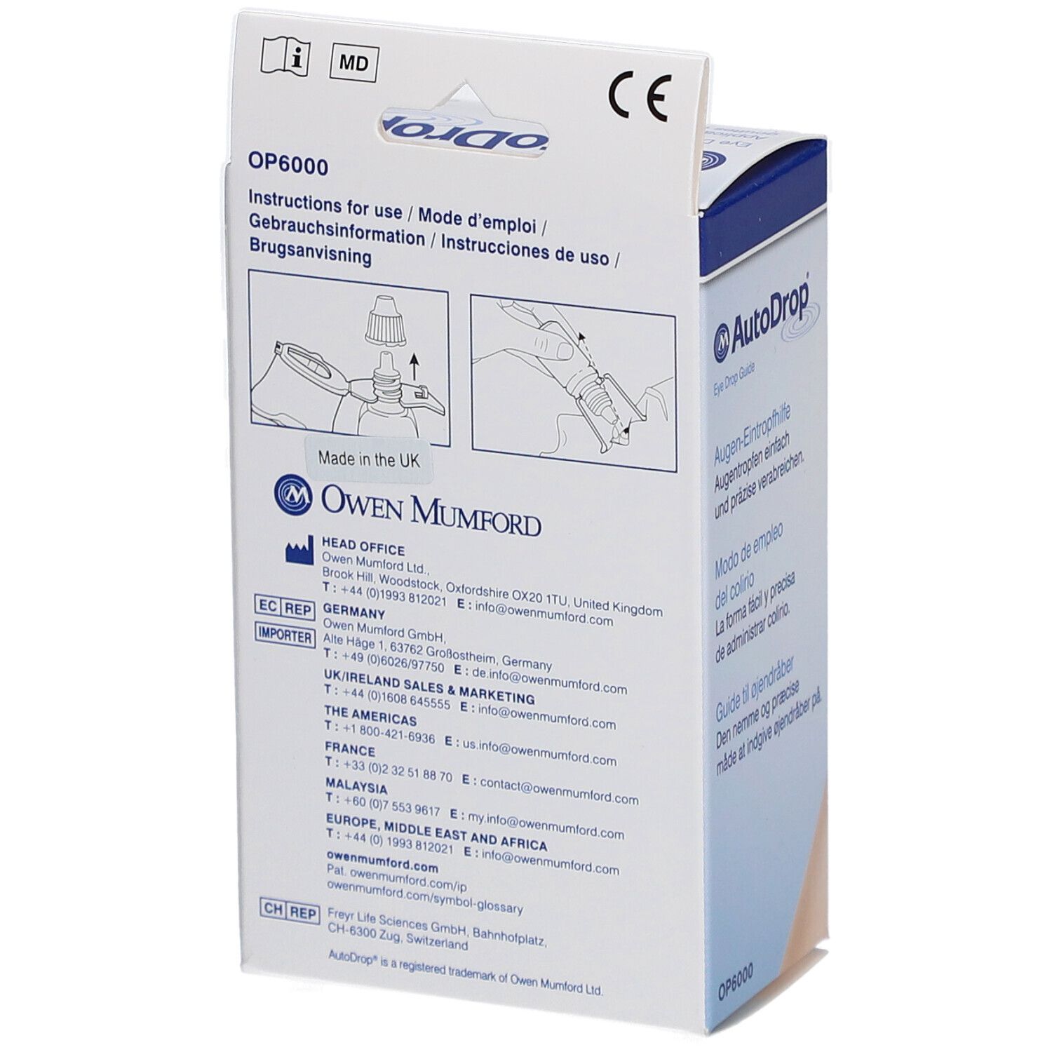 Rückseite der AutoDrop-Verpackung. Abbildungen zur Anwendung. CE-Kennzeichnung.