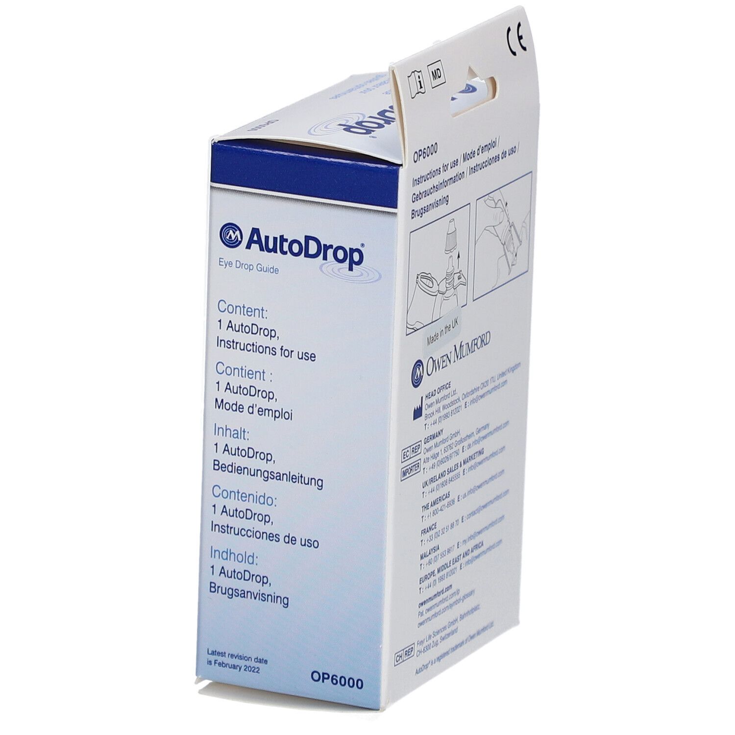 AutoDrop-Verpackung, Seitenansicht. Text: Inhalt: 1 AutoDrop, Gebrauchsanweisung.