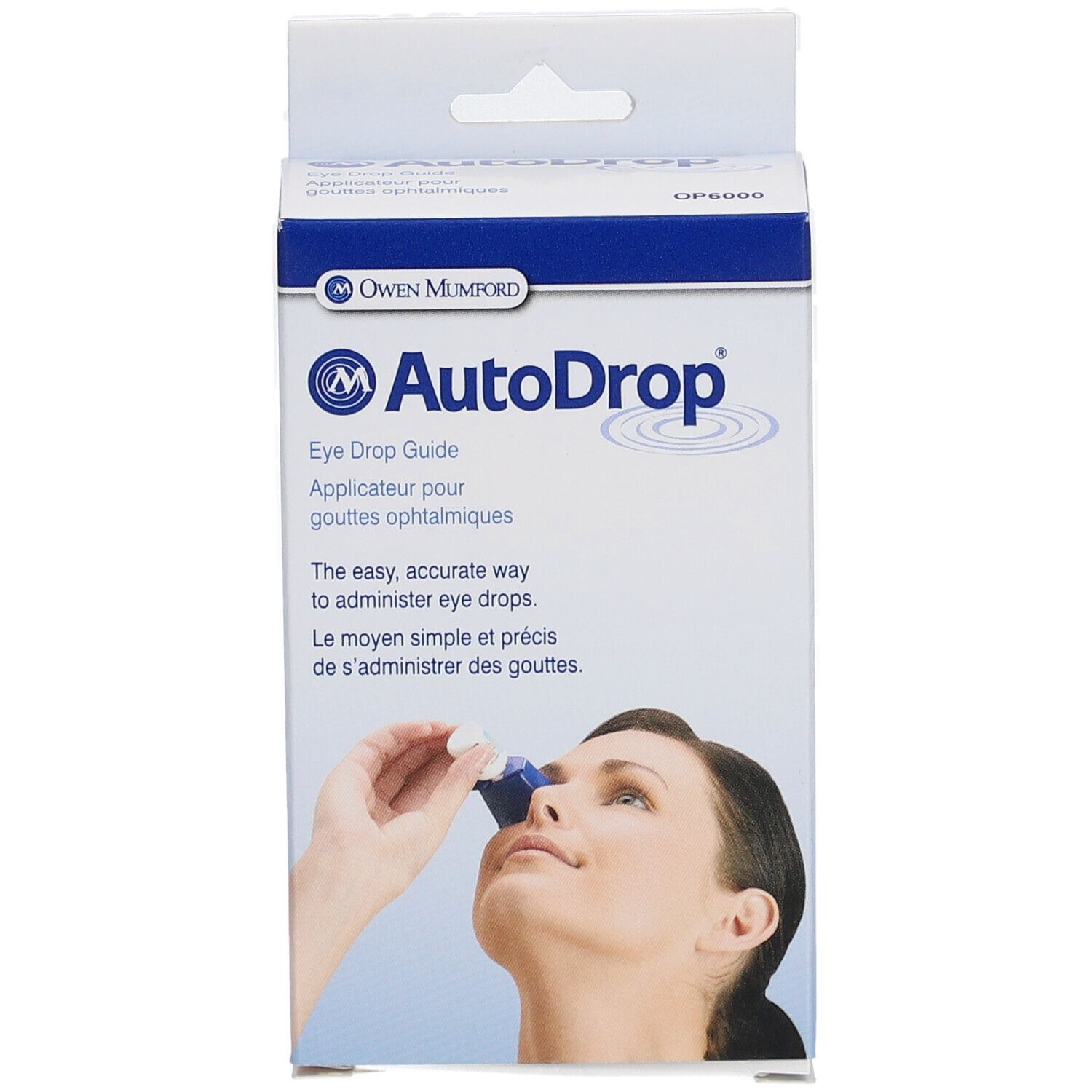 AutoDrop-Verpackung. Auf der Verpackung ist eine Frau abgebildet, die Augentropfen verabreicht.