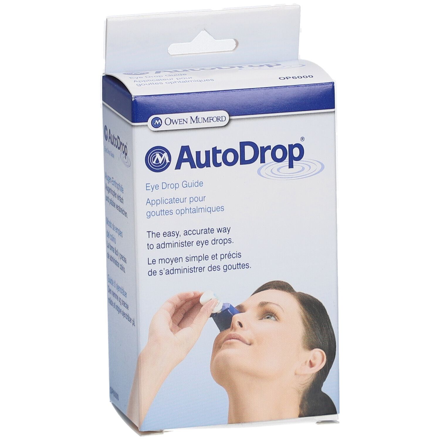 AutoDrop-Verpackung. Auf der Verpackung ist eine Frau abgebildet, die Augentropfen verabreicht.