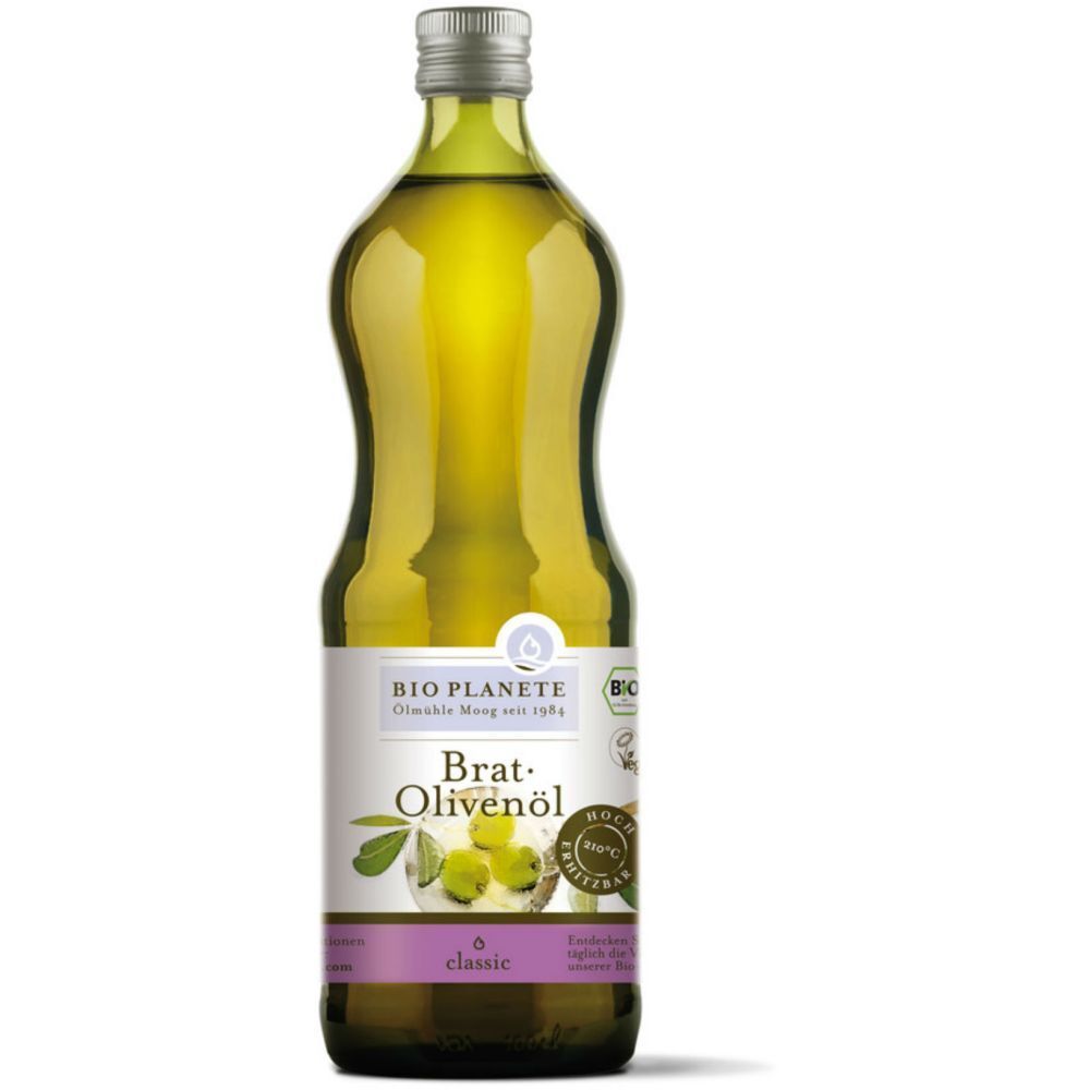 Grüne Glasflasche mit Olivenöl. Etikett mit Produktname und Logo. Bio-Siegel.