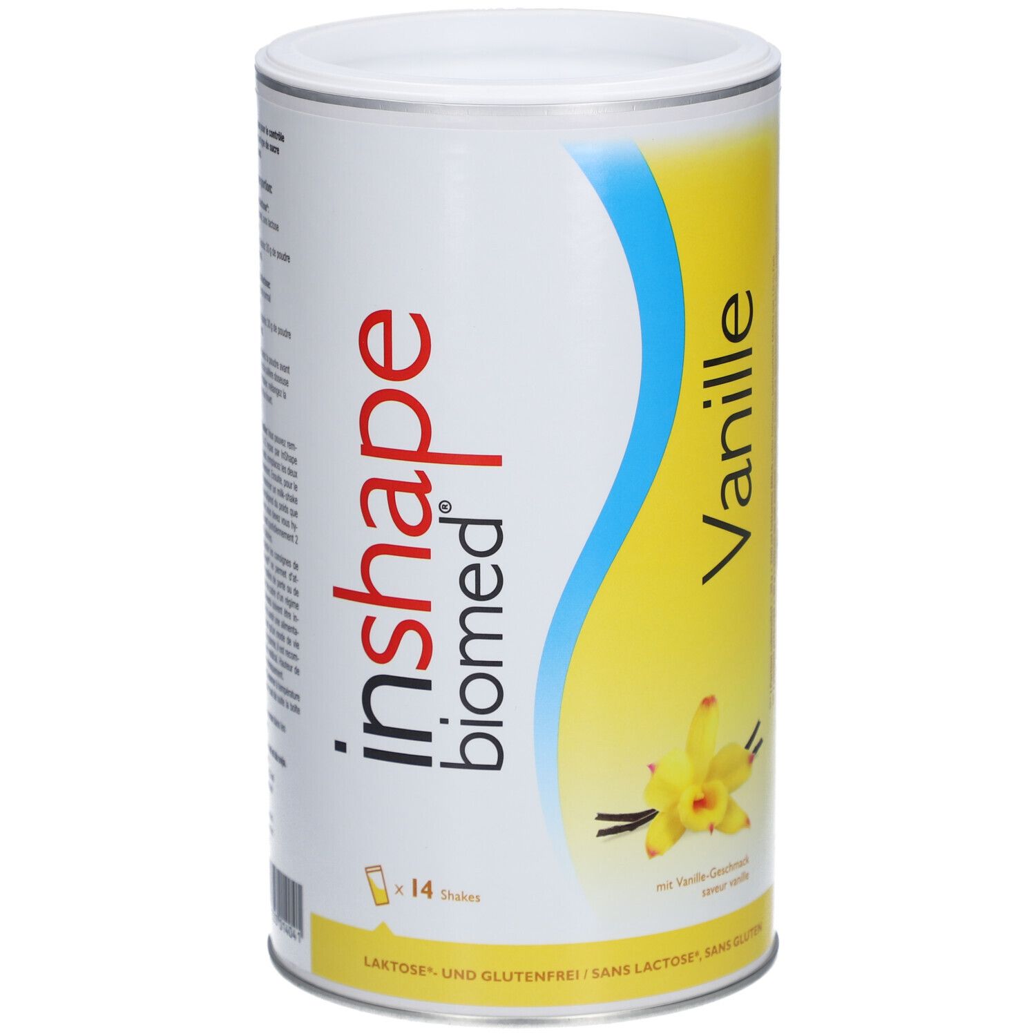 Zylindrische Dose Biomed® inshape Vanille. Gelber Hintergrund, blaue Kurve. Aufschrift: Vanille, 14 Shakes, laktose- und glutenfrei.