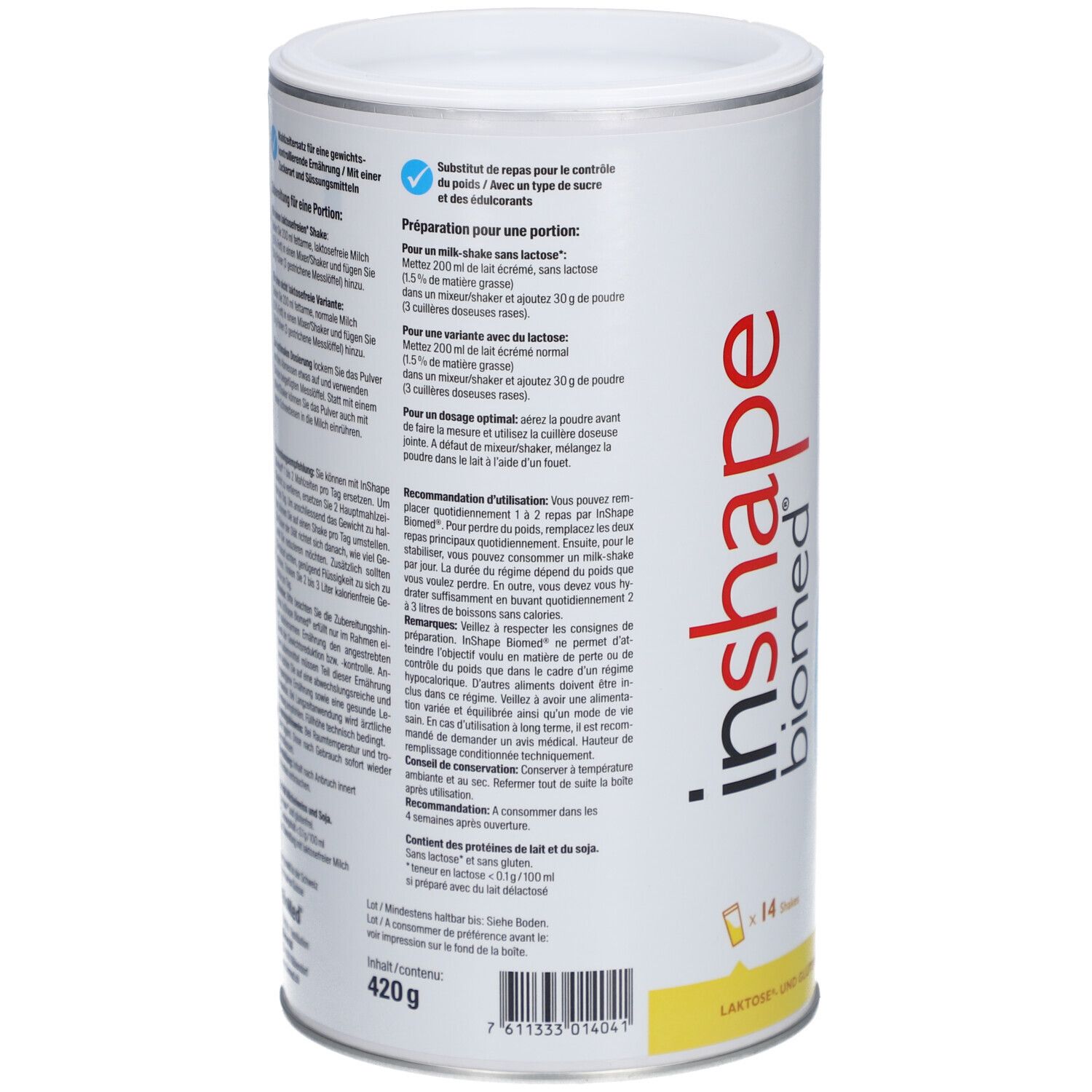 Rückseite der Dose Biomed® inshape Vanille. Text in Deutsch und Französisch. Angaben zur Zubereitung und Inhaltsstoffe. 420g.