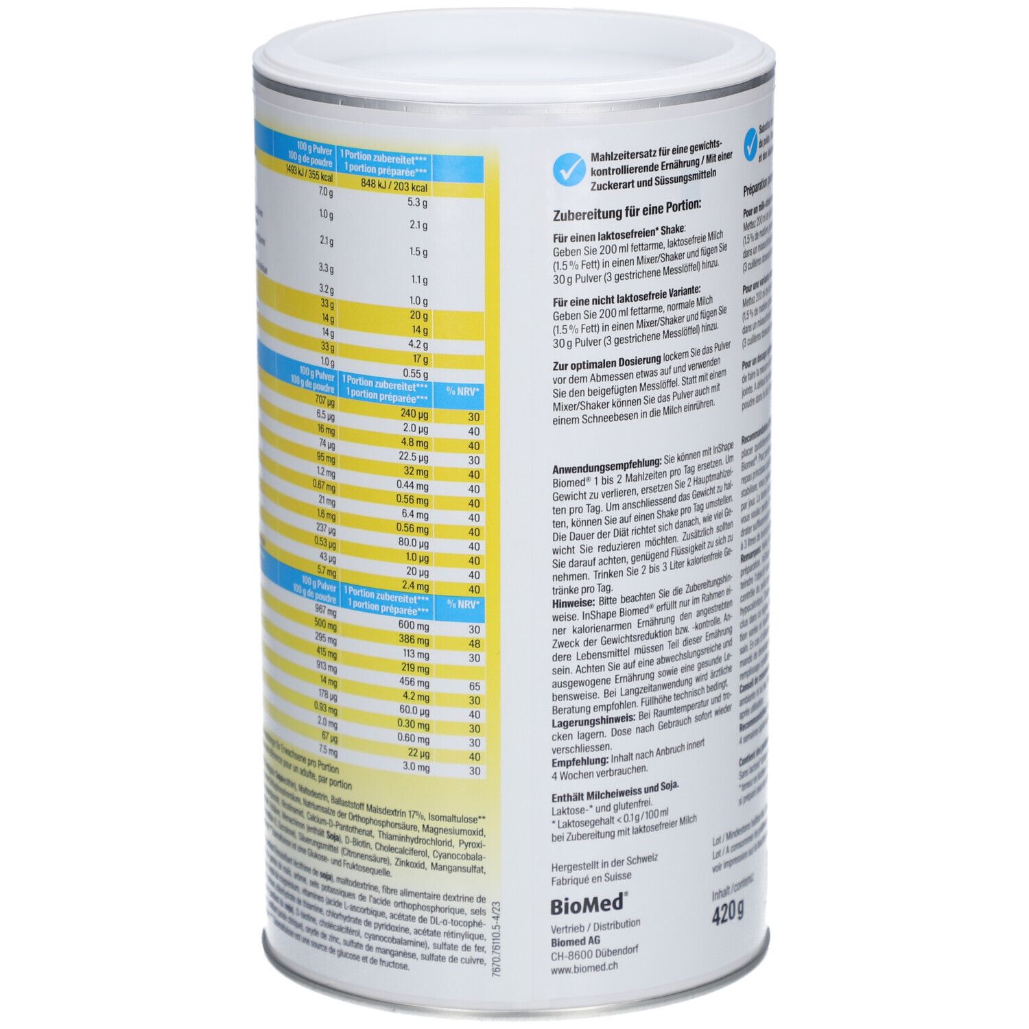Seite der Dose Biomed® inshape Vanille. Nährwerttabelle mit Angaben zu Kalorien, Fett, Kohlenhydraten, Eiweiß und Vitaminen. 420g.