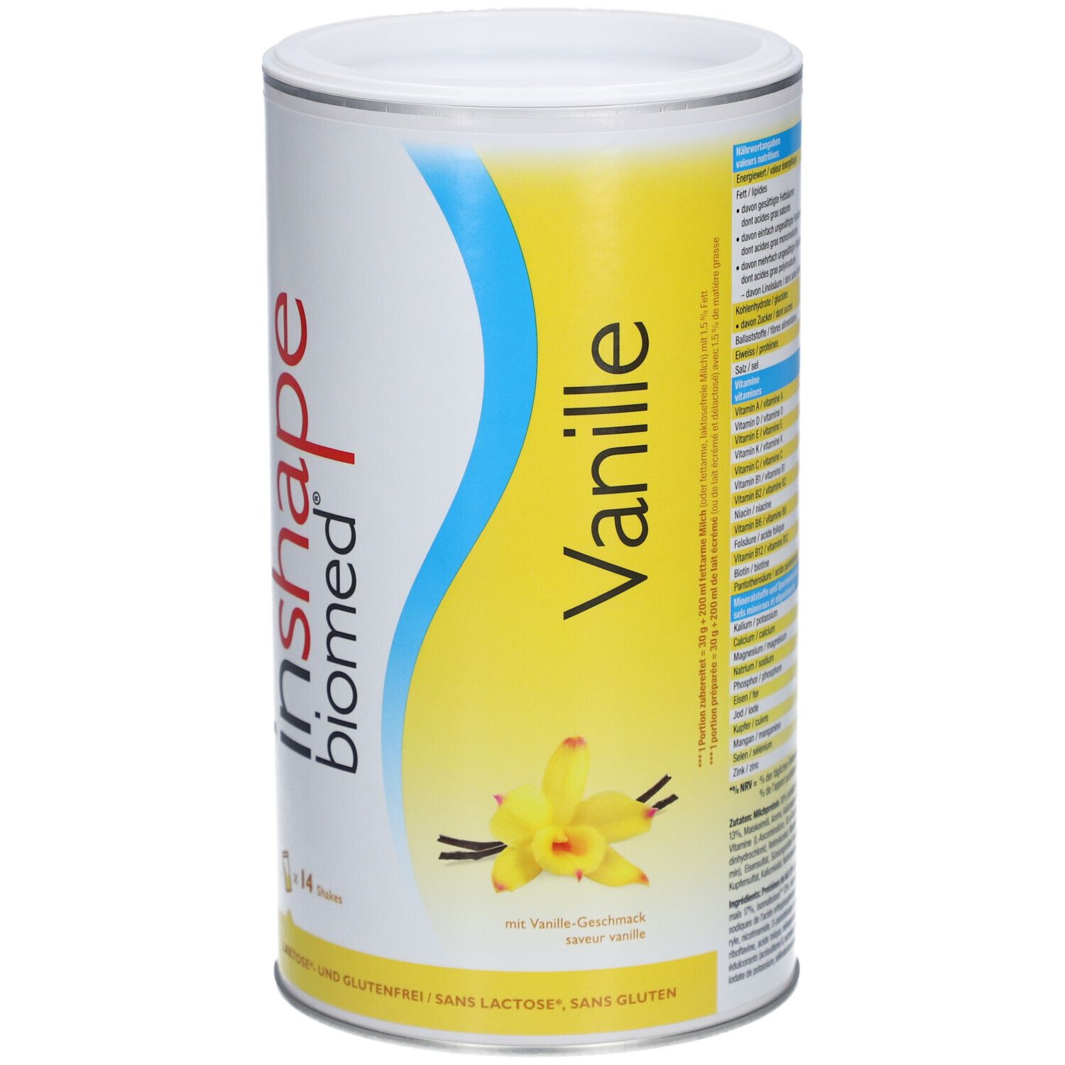 Zylindrische Dose Biomed® inshape Vanille. Gelber Hintergrund, blaue Kurve. Aufschrift: Vanille, 14 Shakes, laktose- und glutenfrei.