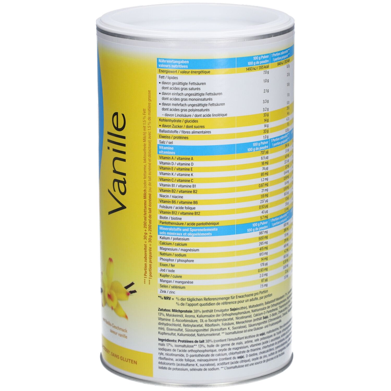 Seite der Dose Biomed® inshape Vanille. Nährwerttabelle mit Angaben zu Kalorien, Fett, Kohlenhydraten, Eiweiß und Vitaminen. 420g.