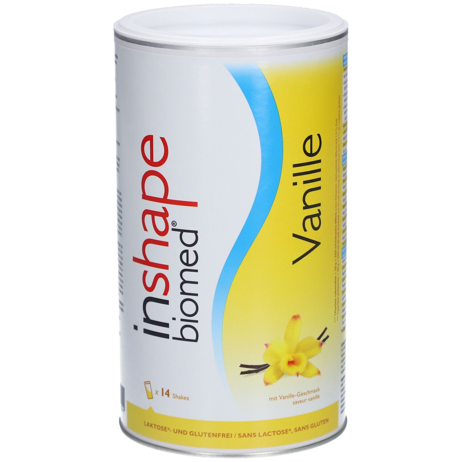 Zylindrische Dose Biomed® inshape Vanille. Gelber Hintergrund, blaue Kurve. Aufschrift: Vanille, 14 Shakes, laktose- und glutenfrei.