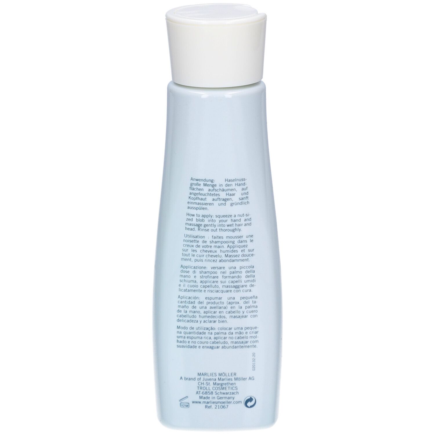 Rückseite der Shampoo-Flasche von Marlies Möller. Text in mehreren Sprachen. Anwendungshinweise.