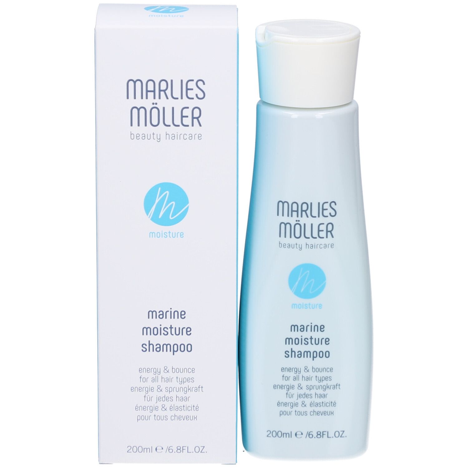 Marlies Möller Shampoo mit Verpackung. Weißer Karton mit Produktinformationen. Hellblaue Flasche.