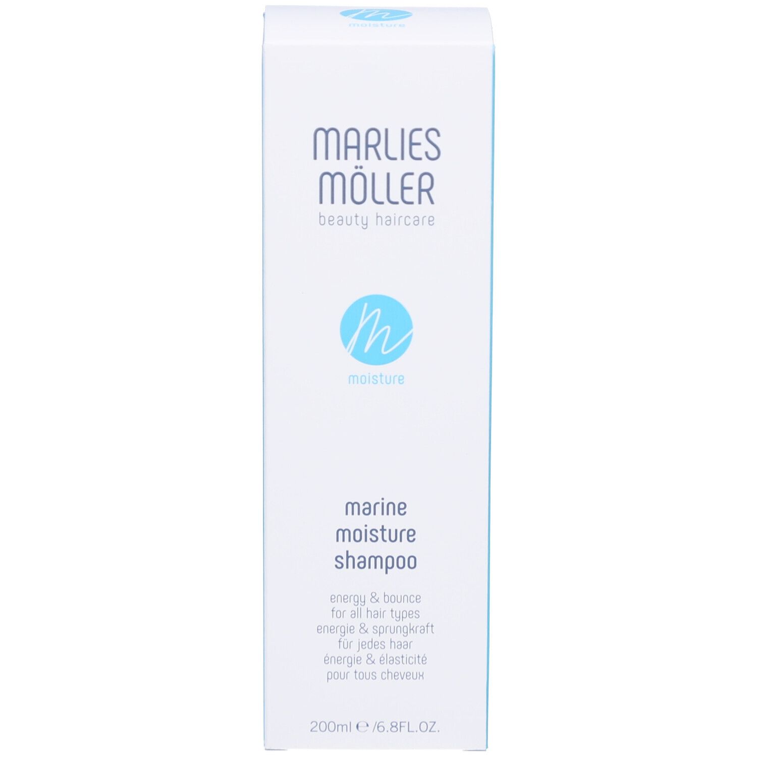 Weiße Verpackung von Marlies Möller Shampoo. Text: moisture marine moisture shampoo. Hellblauer Hintergrund.