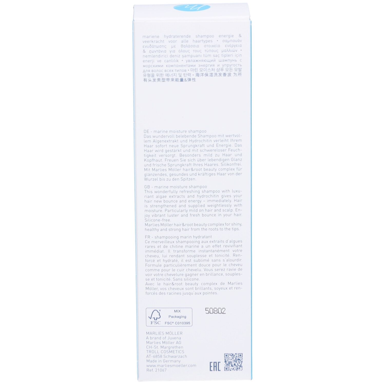 Rückseite der Verpackung von Marlies Möller Shampoo. Text in mehreren Sprachen. Produktinformationen.