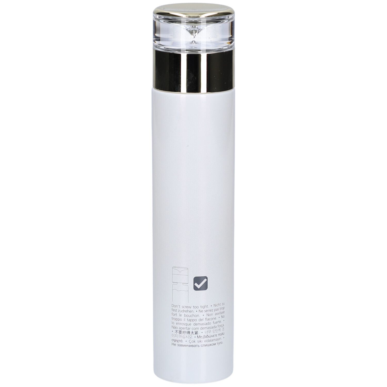 Weißer Flakon mit silberner Kappe. Rückseite mit Text und Symbolen. Für alle Hauttypen.