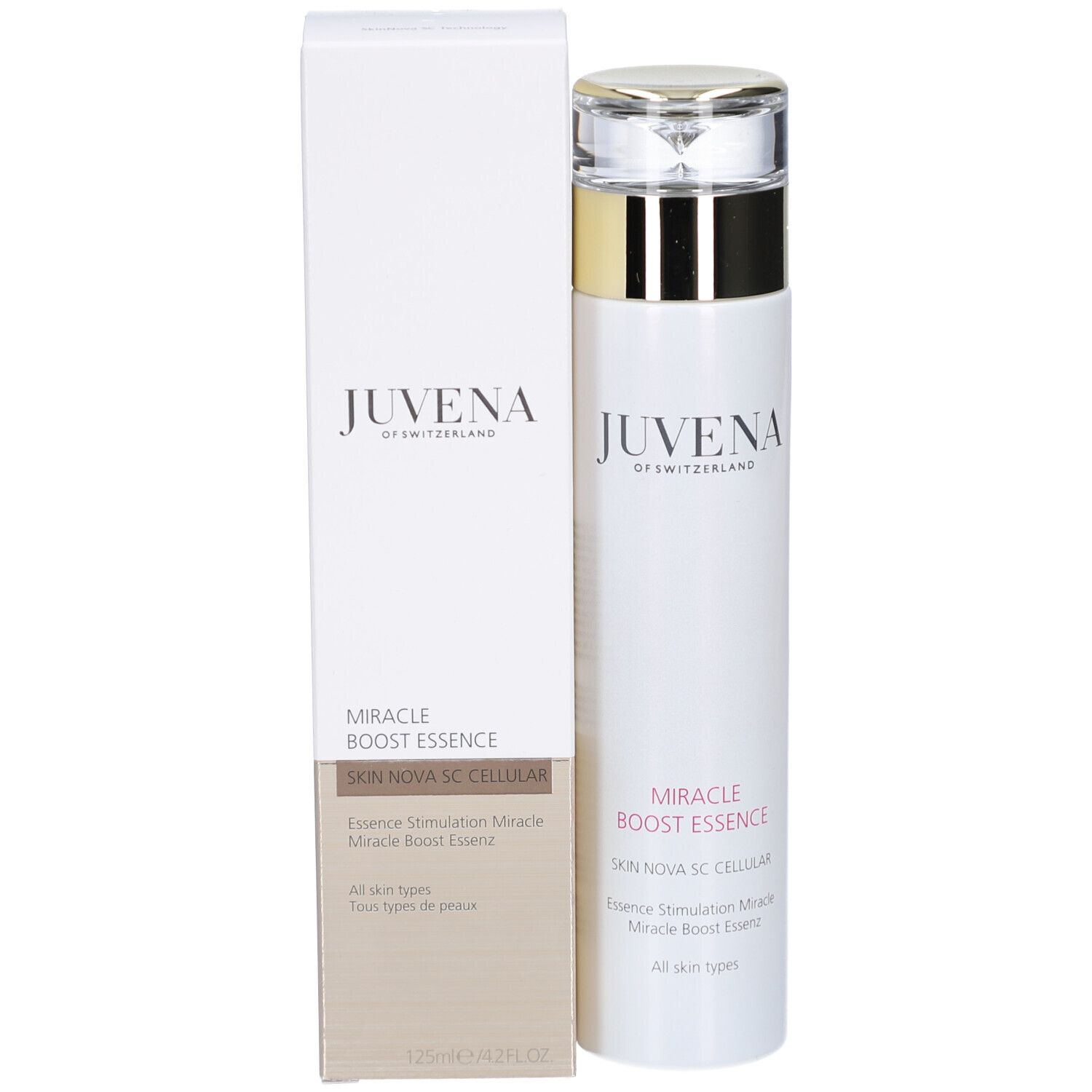 Produkt und Verpackung. Weißer Flakon, goldene Kappe. Aufschrift: Juvena, Miracle Boost Essence. 125 ml.