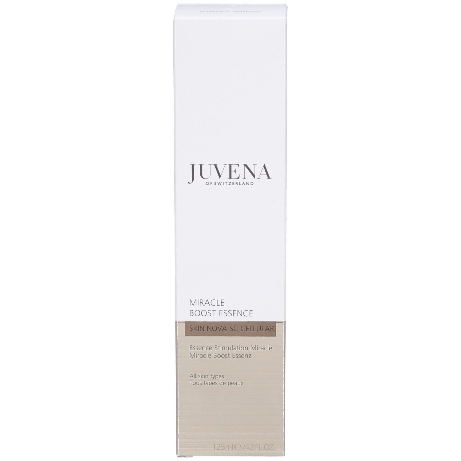 Produktverpackung. Aufschrift: Juvena, Miracle Boost Essence. 125 ml. Beige-weiße Farbgebung.