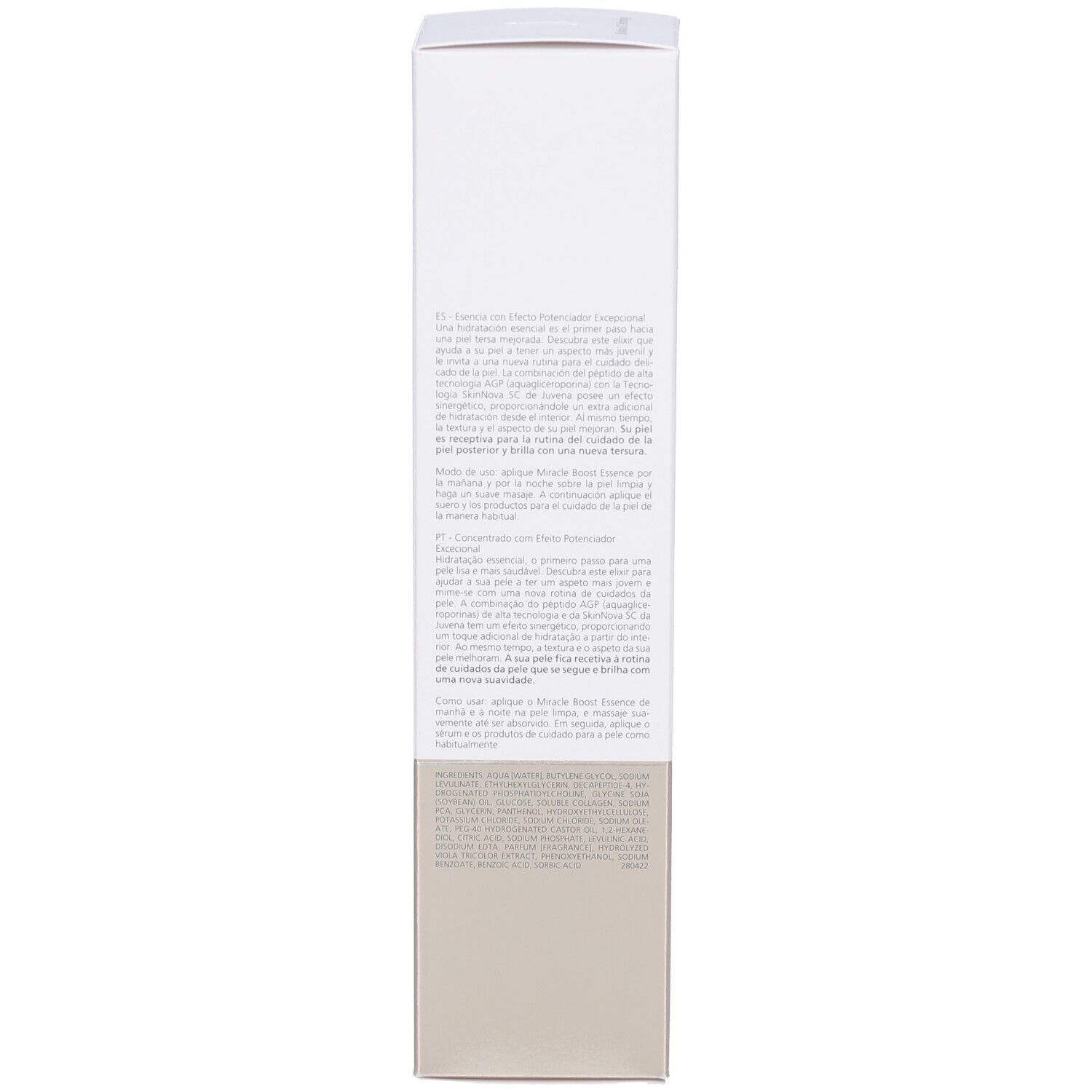 Produktverpackung, Rückseite. Text in mehreren Sprachen. Beige-weiße Farbgebung.