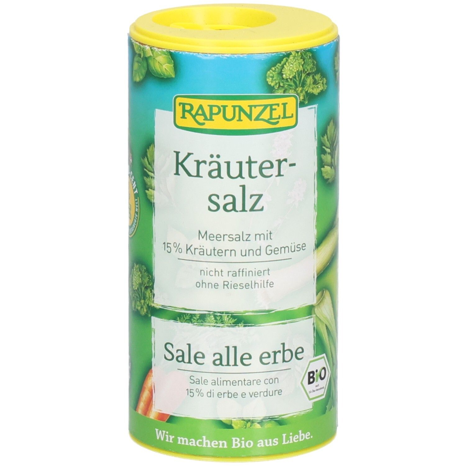 Zylindrische Dose mit Kräutersalz. Aufschrift: Rapunzel Kräutersalz mit Gemüse. Bio-Siegel. Grün, gelb und weiß.