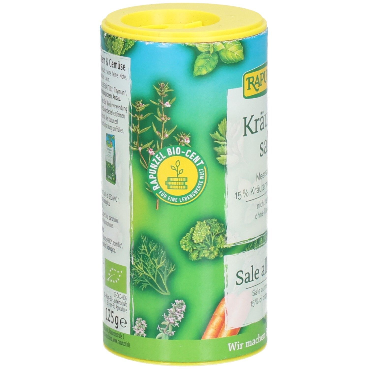 Zylindrische Dose mit Kräutersalz. Aufschrift: Rapunzel Kräutersalz mit Gemüse. Bio-Siegel. Rückseite mit Zutatenliste.