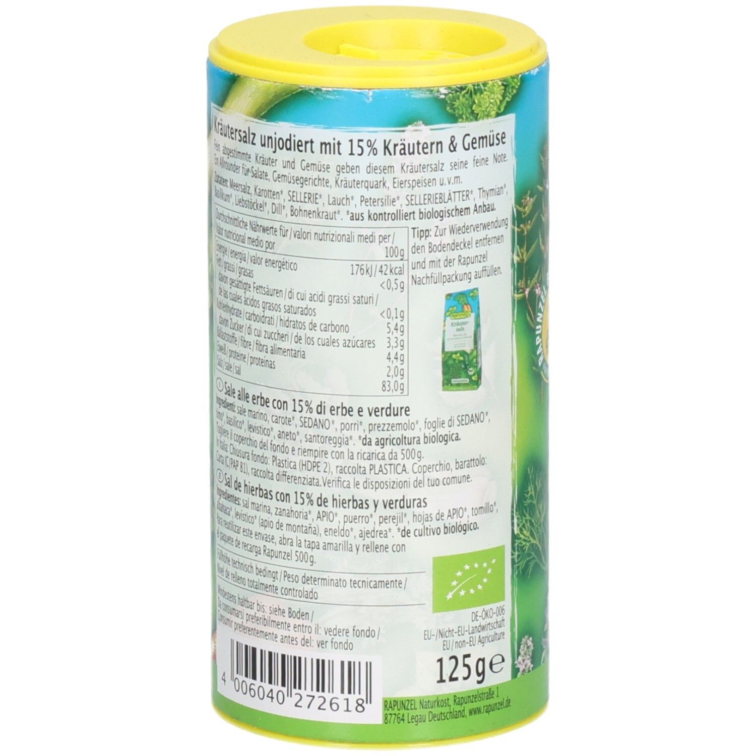 Zylindrische Dose mit Kräutersalz. Aufschrift: Rapunzel Kräutersalz mit Gemüse. Bio-Siegel. Rückseite mit Nährwertangaben.