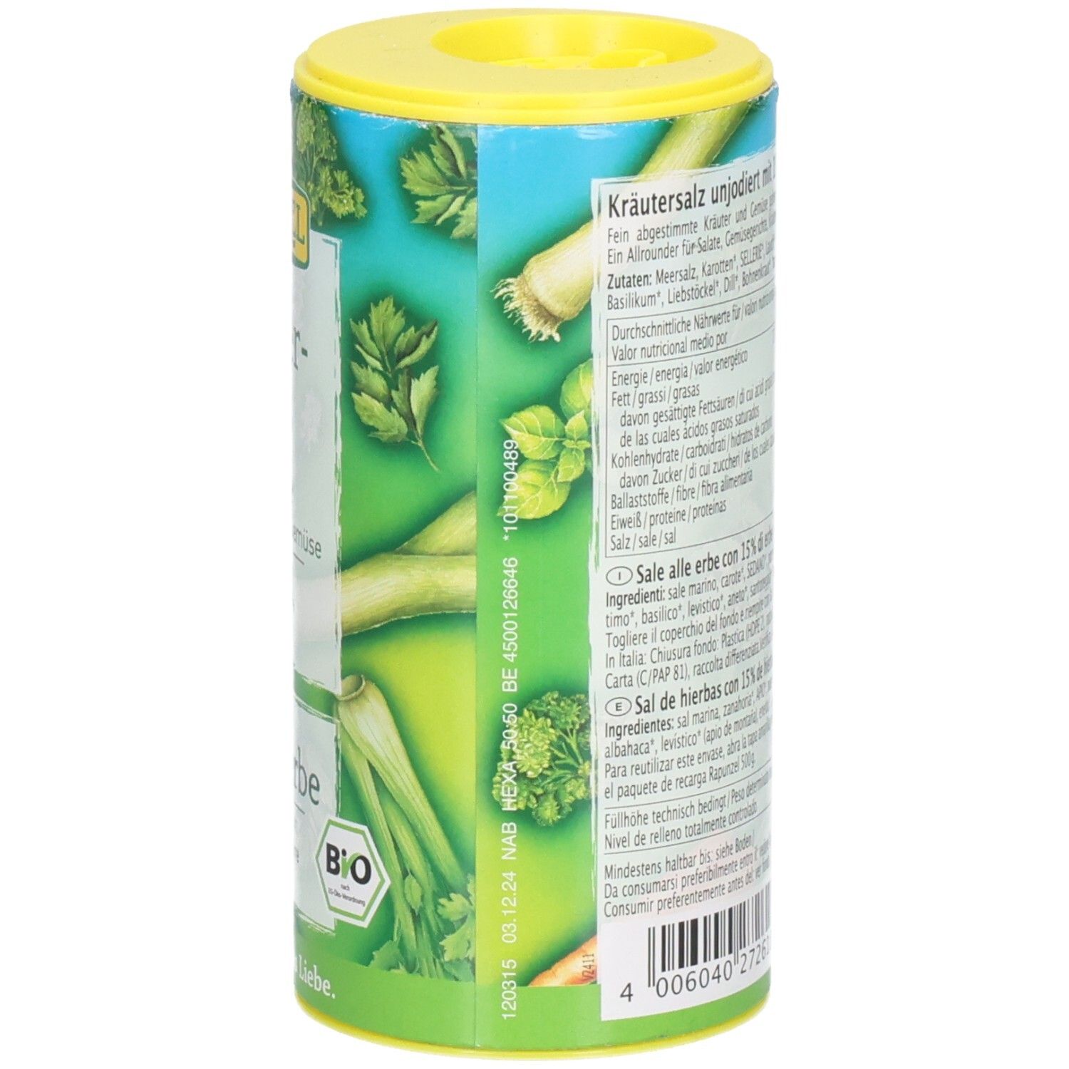 Zylindrische Dose mit Kräutersalz. Aufschrift: Rapunzel Kräutersalz mit Gemüse. Bio-Siegel. Rückseite mit Zutatenliste.