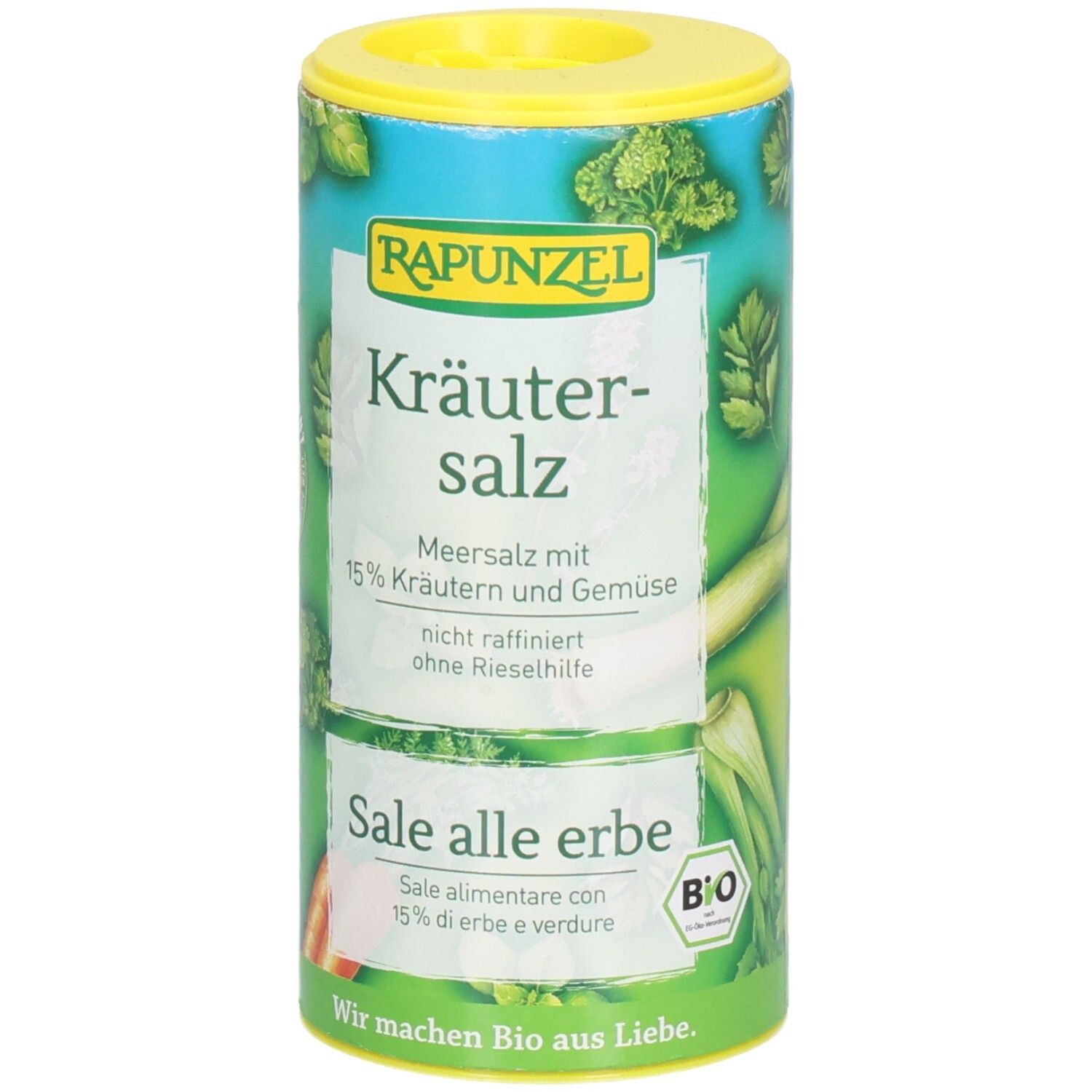 Zylindrische Dose mit Kräutersalz. Aufschrift: Rapunzel Kräutersalz mit Gemüse. Bio-Siegel. Grün, gelb und weiß.