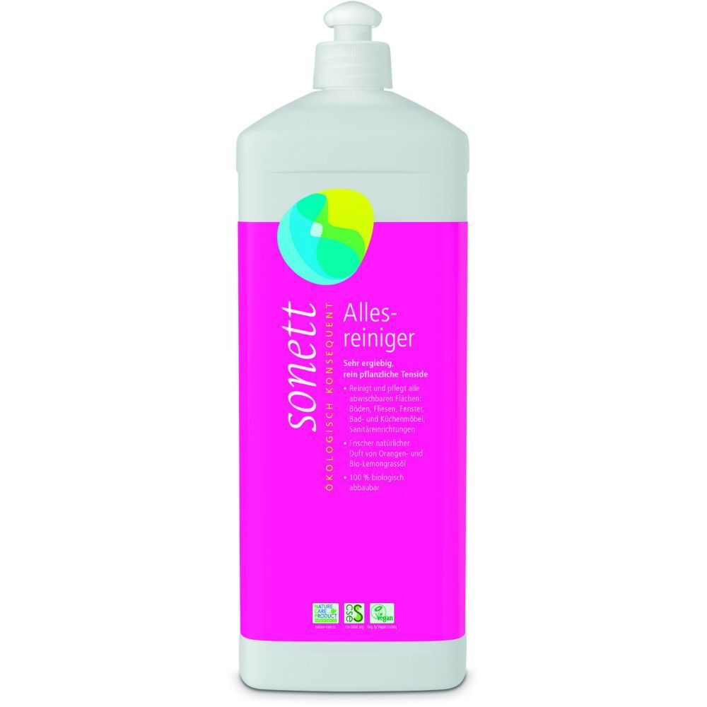 Weißer Reiniger-Behälter mit pinkfarbenem Etikett. Logo und Schriftzug 'sonett Allesreiniger'.