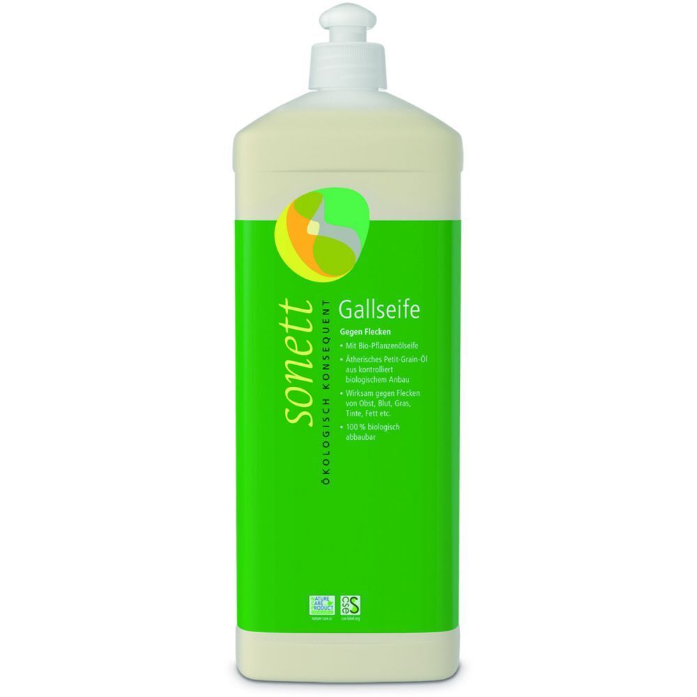 Flasche mit grünem Etikett. Aufschrift: sonett, Gallseife. Logo mit grünen und gelben Elementen. Zertifizierungen.