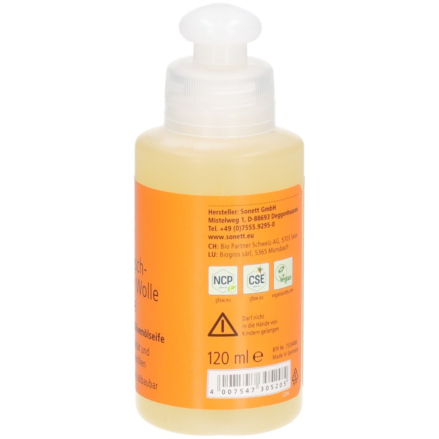 Flasche mit Olivenwaschmittel. Rückseite mit Herstellerinformationen und Volumenangabe: 120 ml.