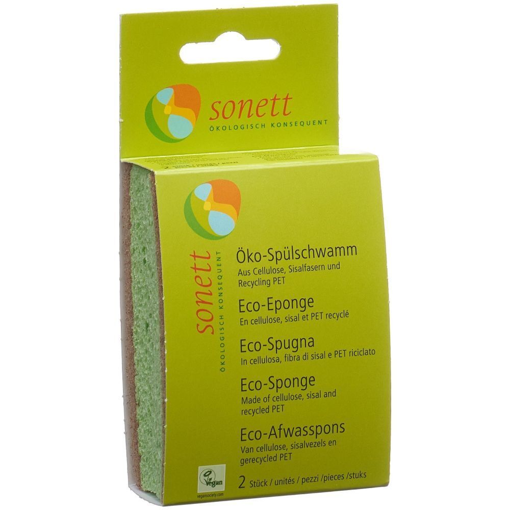 Sonett Öko-Spülschwamm in Verpackung. Grün-brauner Schwamm, 2 Stück. Verpackung mit Produktnamen und Logo.