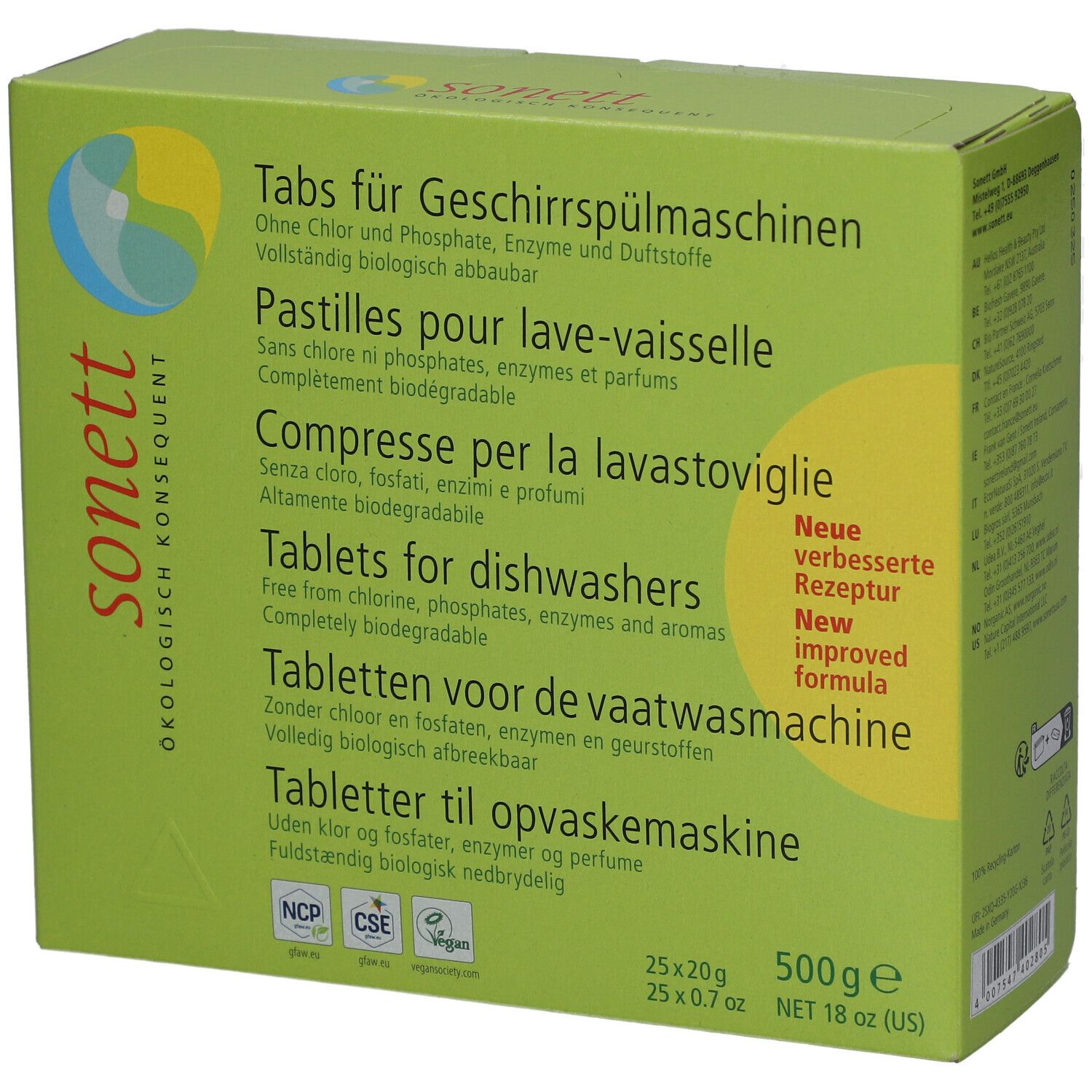 Grüne Schachtel mit Sonett-Logo und Text: Tabs für Geschirrspülmaschinen. 500g, 25x20g Tabs. Zertifizierungen.