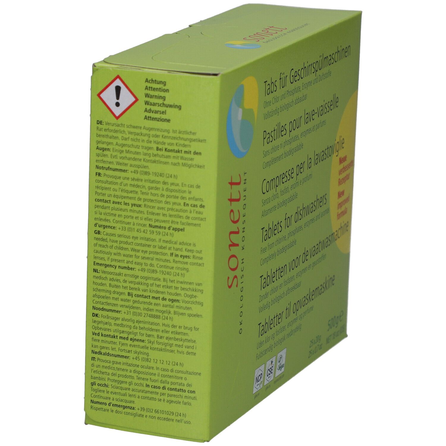 Grüne Schachtel, Sonett. Text: Tabs für Geschirrspülmaschinen. Warnhinweis, Kontaktinformationen. Seitenansicht.