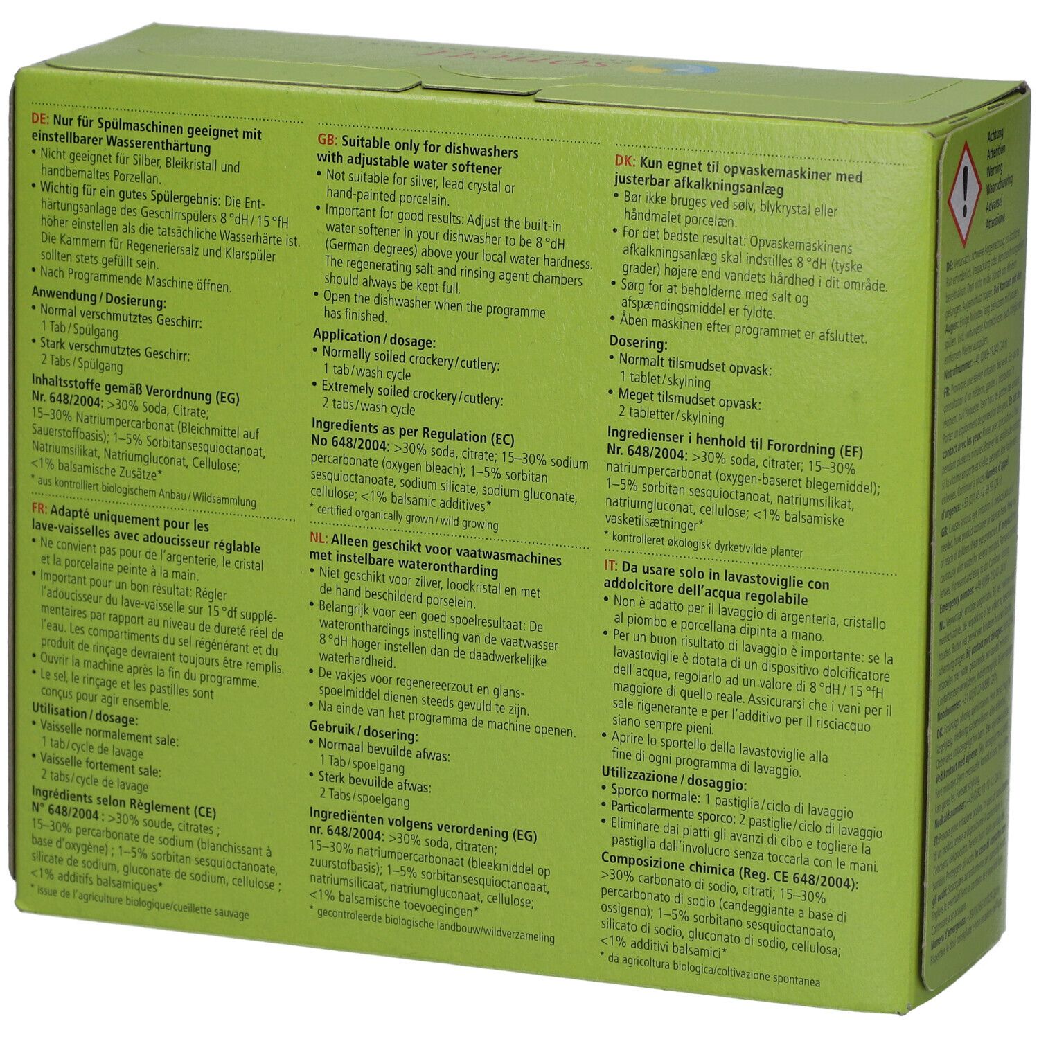 Rückseite der grünen Sonett-Schachtel. Text: Anwendung, Inhaltsstoffe, Dosierung. Geeignet für Geschirrspüler.