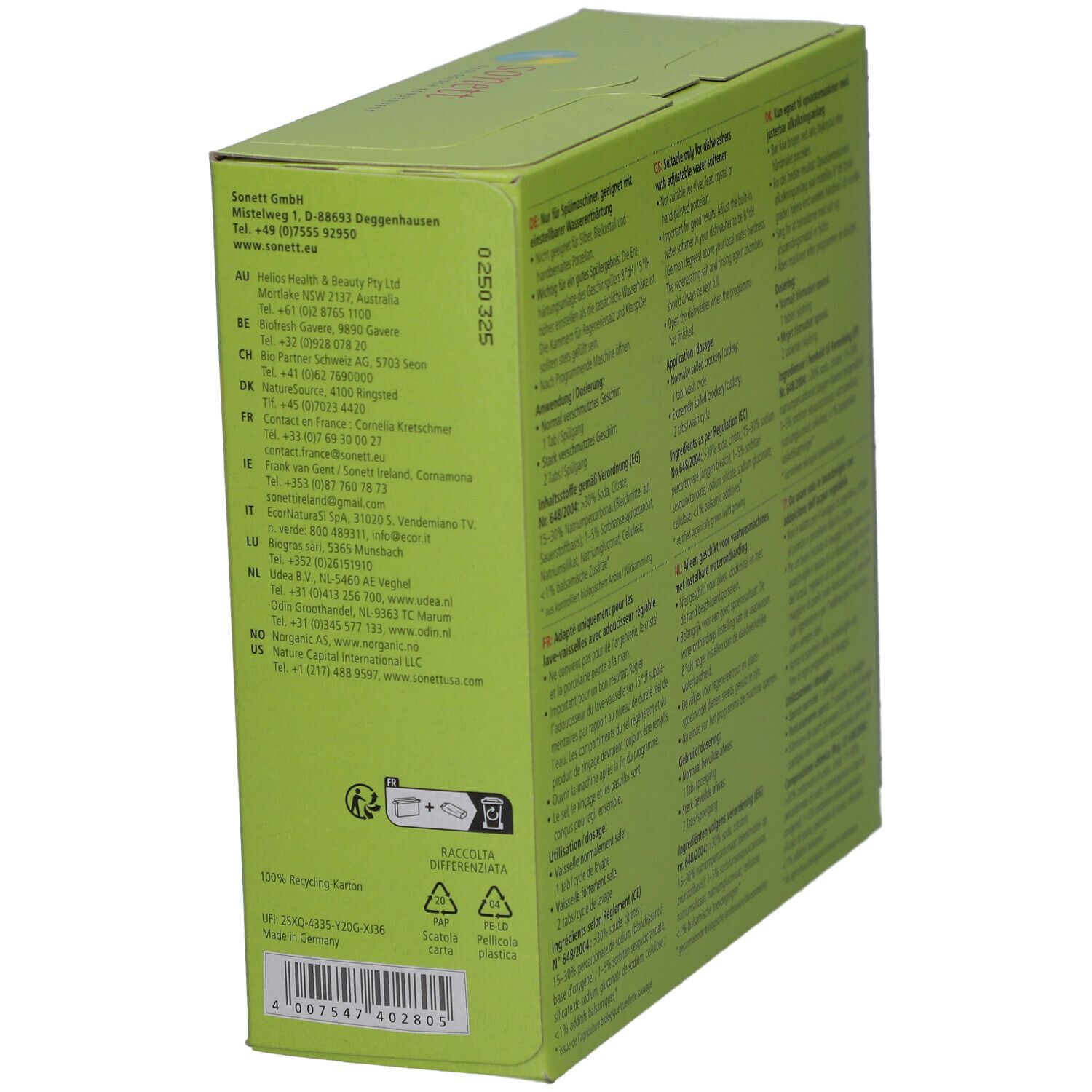 Grüne Sonett-Schachtel. Text: Recycling-Symbol, Herstelleradresse. Seitenansicht.