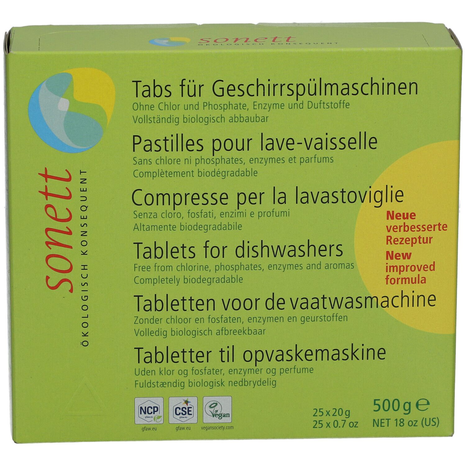Grüne Schachtel, Sonett-Logo. Text: Tabs für Geschirrspülmaschinen. 500g, 25x20g. Neue verbesserte Formel.
