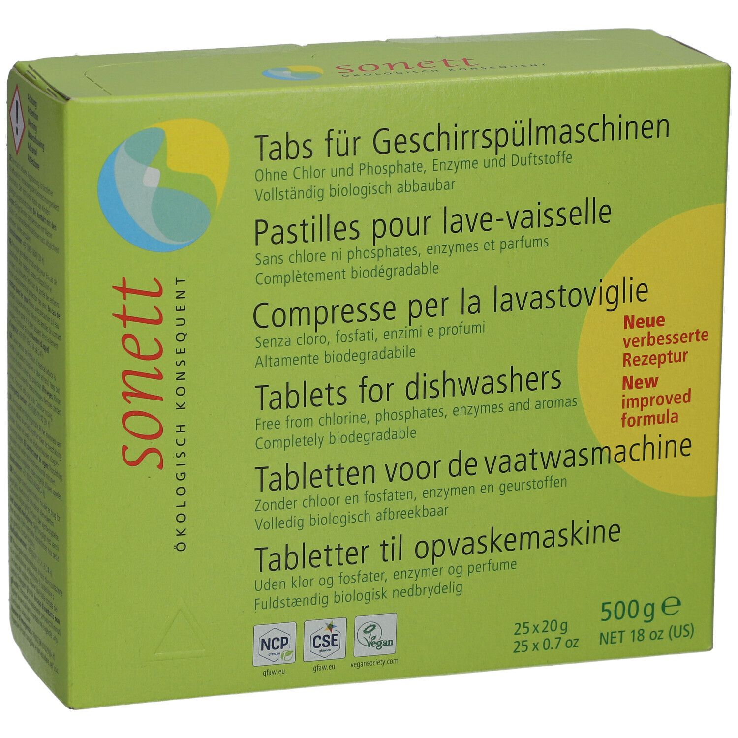 Grüne Schachtel, Sonett-Logo. Text: Tabs für Geschirrspülmaschinen. 500g, 25x20g. Neue verbesserte Formel.