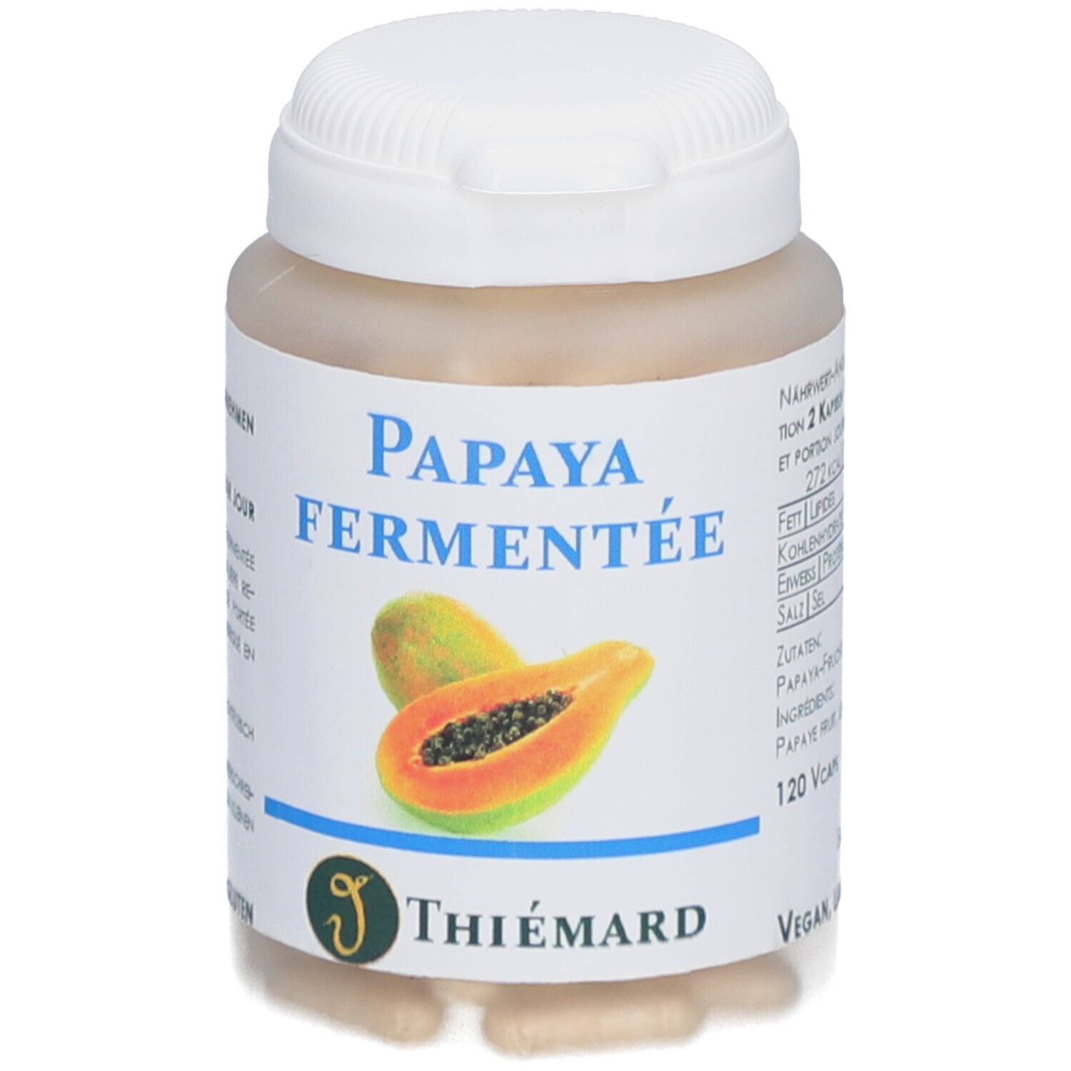 Beige Kapseln in einer Dose mit weißem Deckel. Aufschrift: Papaya Fermentée. Logo: Thiemard. Abbildung einer Papaya.