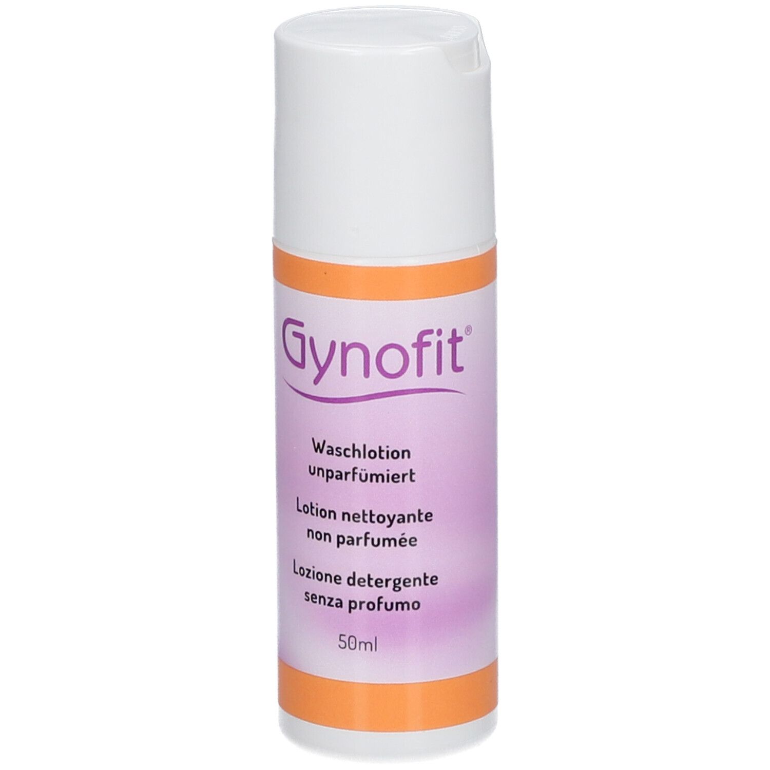 Flacon blanc et orange avec étiquette Gynofit. Texte : Waschlotion unparfümiert, Lotion nettoyante non parfumée, Lozione detergente senza profumo.