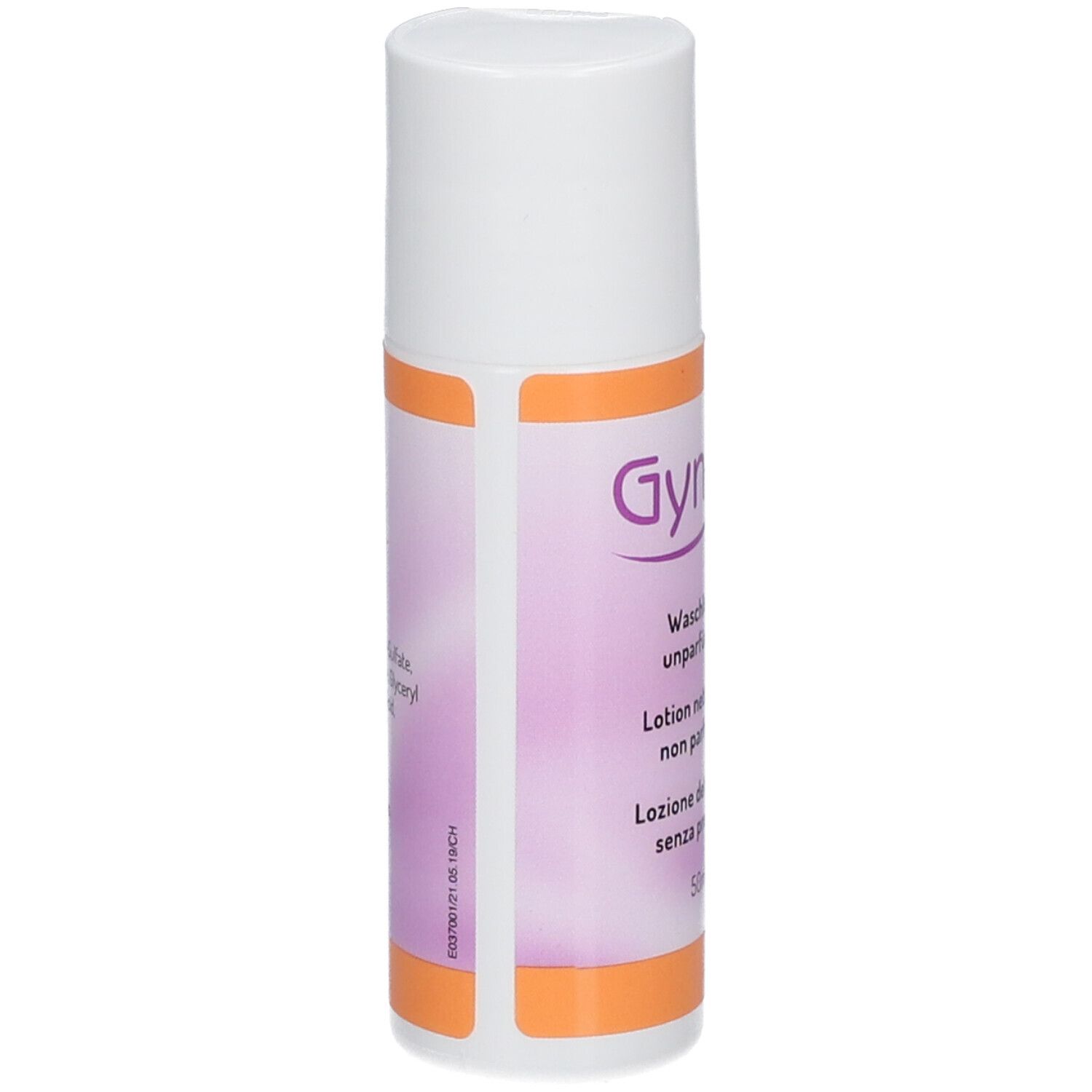 Flacon avec étiquette Gynofit. Texte : Waschlotion unparfümiert, Lotion nettoyante non parfumée, Lozione detergente senza profumo. Dos.