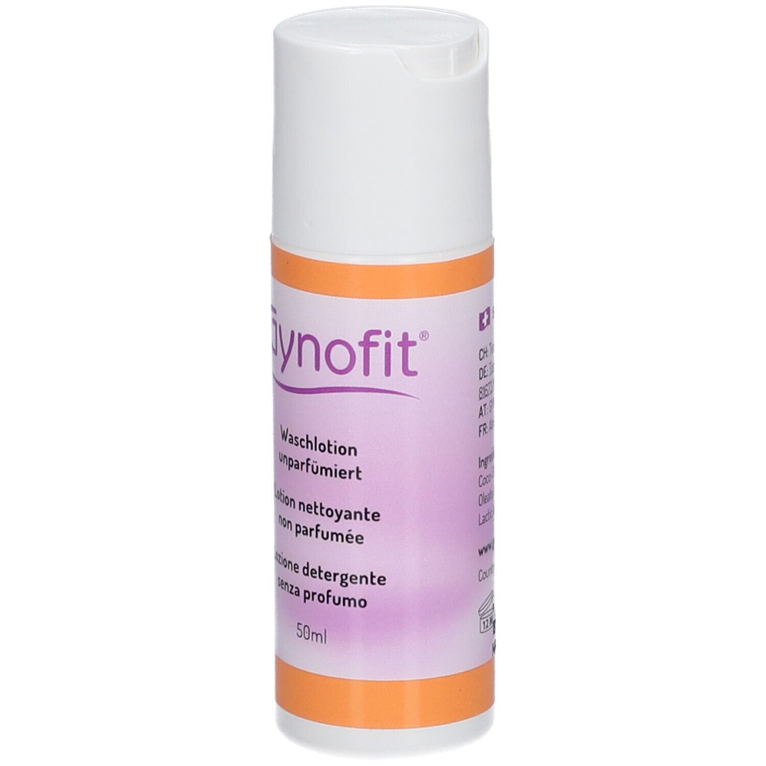 Flacon blanc et orange avec étiquette Gynofit. Texte : Waschlotion unparfümiert, Lotion nettoyante non parfumée, Lozione detergente senza profumo.