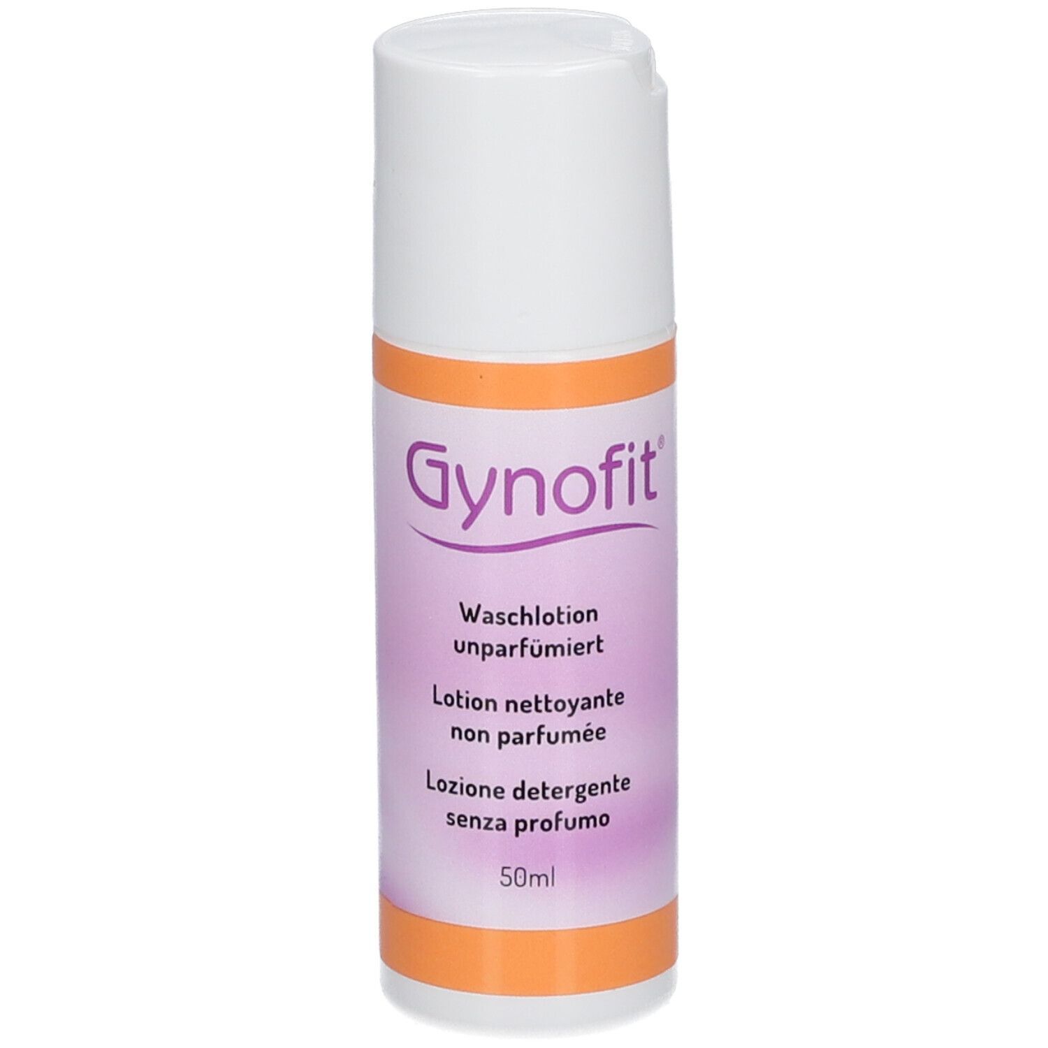 Flacon blanc et orange avec étiquette Gynofit. Texte : Waschlotion unparfümiert, Lotion nettoyante non parfumée, Lozione detergente senza profumo.