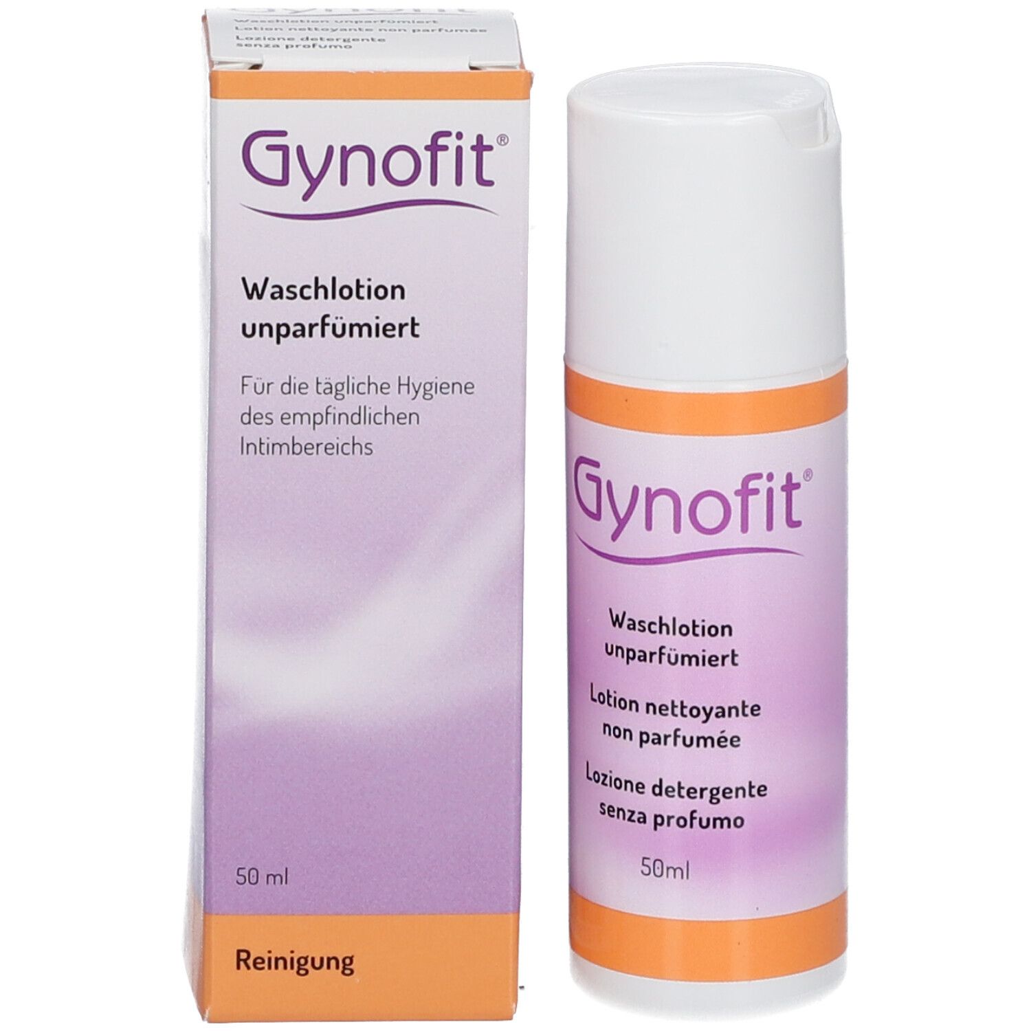 Gynofit-Waschlotion et emballage. Texte : Waschlotion unparfümiert, Pour l'hygiène quotidienne des zones intimes sensibles.